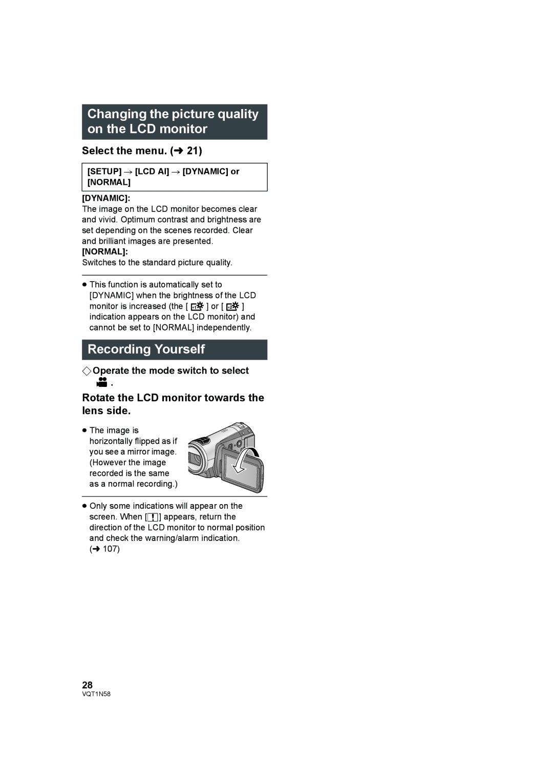 Panasonic HDC-SD9D Changing the picture quality on the LCD monitor, Recording Yourself, Dynamic, Normal 