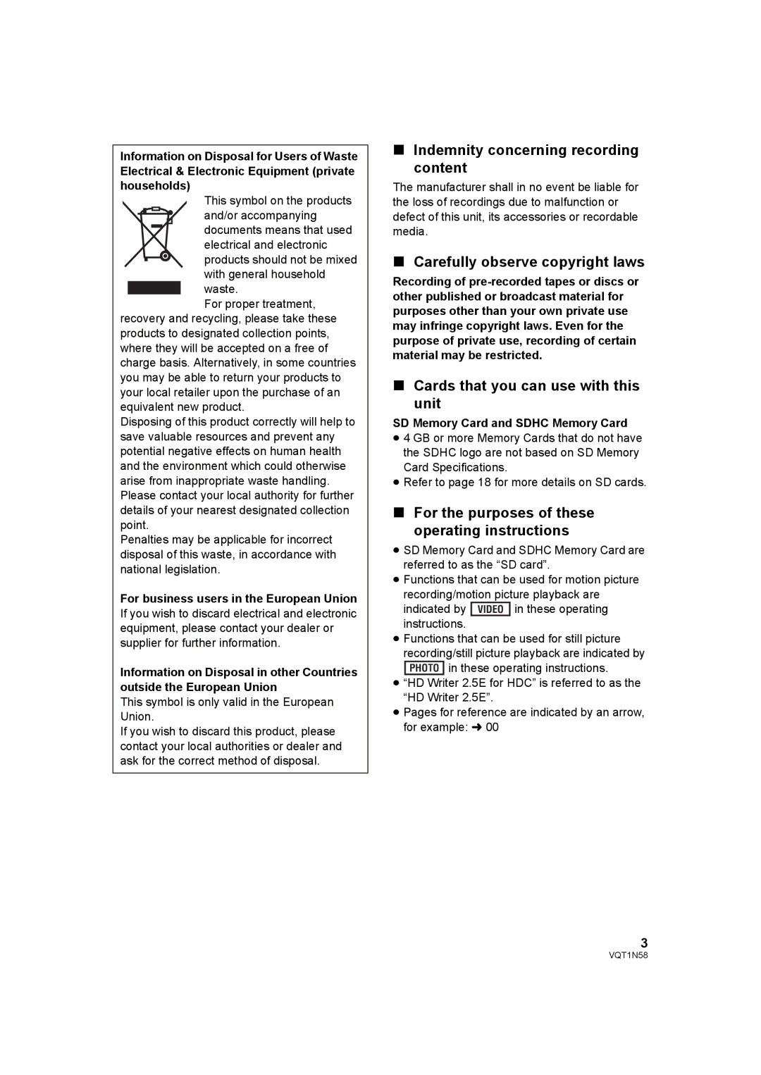 Panasonic HDC-SD9D operating instructions Indemnity concerning recording content, Carefully observe copyright laws 