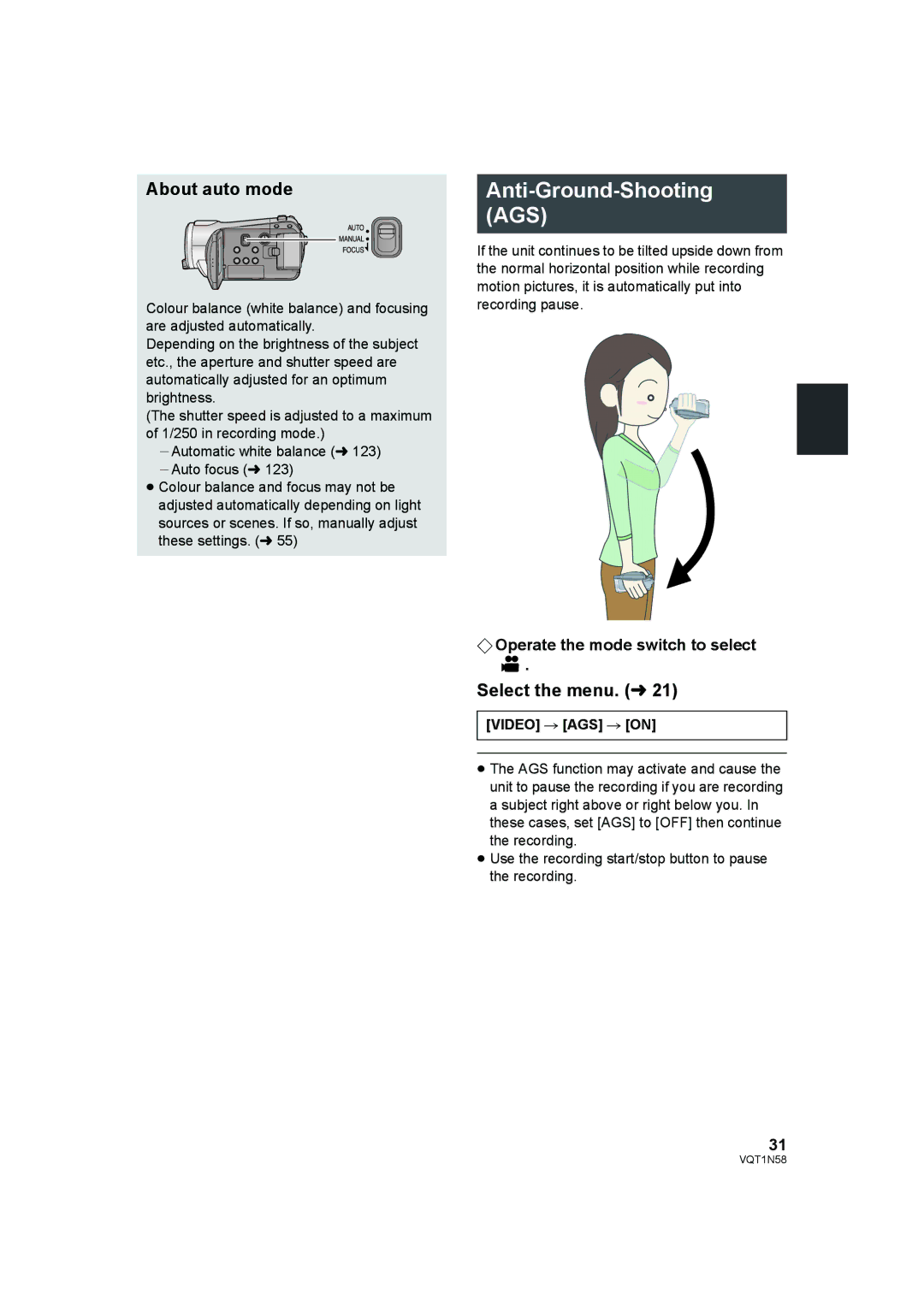 Panasonic HDC-SD9D operating instructions Anti-Ground-Shooting AGS, About auto mode, Video # AGS # on 