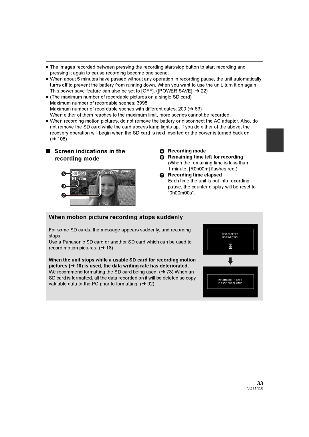 Panasonic HDC-SD9D Screen indications in the recording mode, When motion picture recording stops suddenly 