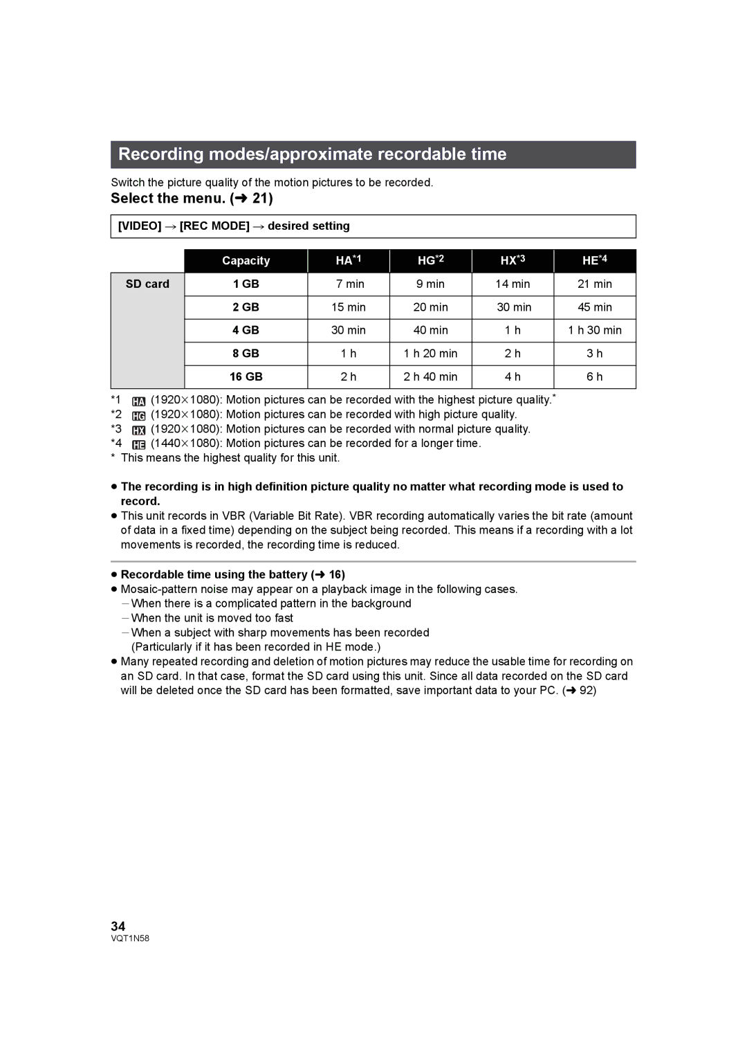 Panasonic HDC-SD9D Recording modes/approximate recordable time, Video # REC Mode # desired setting, SD card, 16 GB 