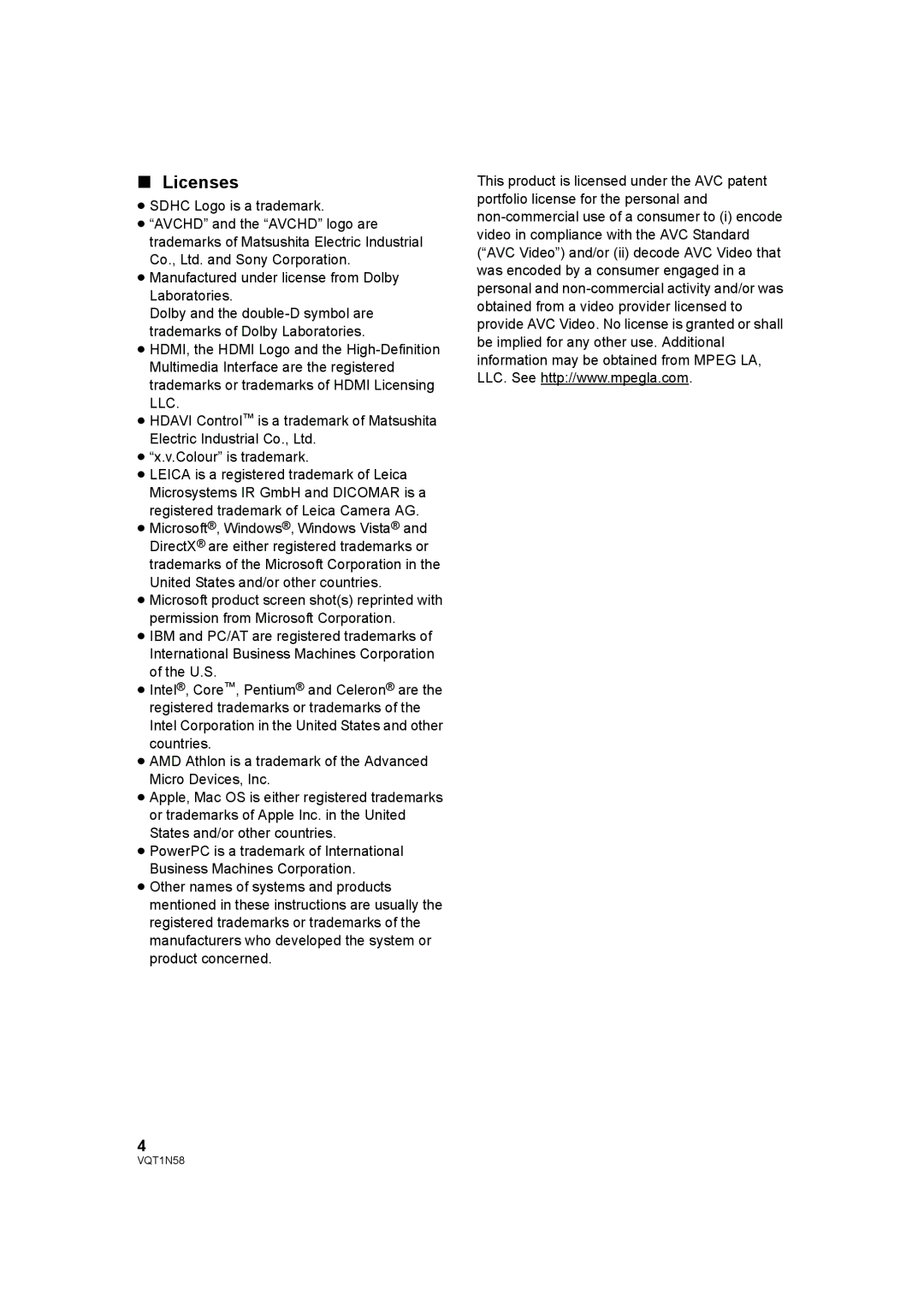 Panasonic HDC-SD9D operating instructions Licenses 