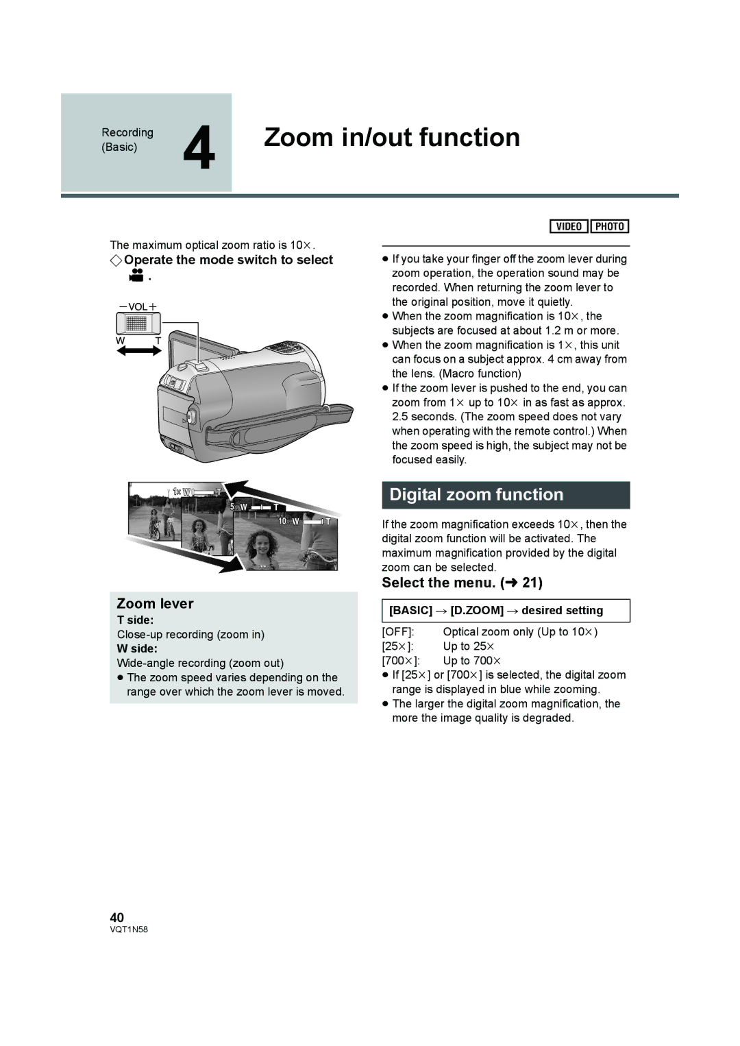 Panasonic HDC-SD9D Zoom in/out function, Digital zoom function, Zoom lever, Side, Basic # D.ZOOM # desired setting 