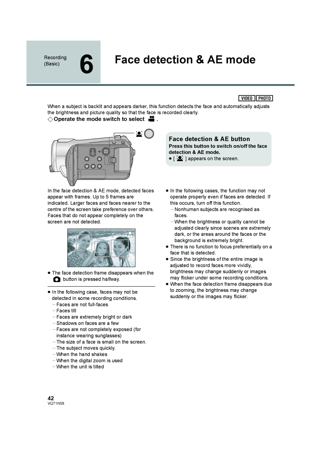 Panasonic HDC-SD9D Face detection & AE mode, Face detection & AE button, ¬Operate the mode switch to select 