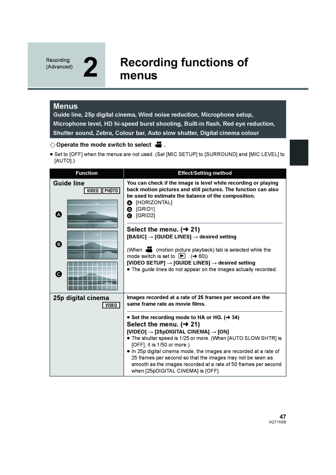 Panasonic HDC-SD9D operating instructions MenusRecording functions, Guide line, 25p digital cinema 