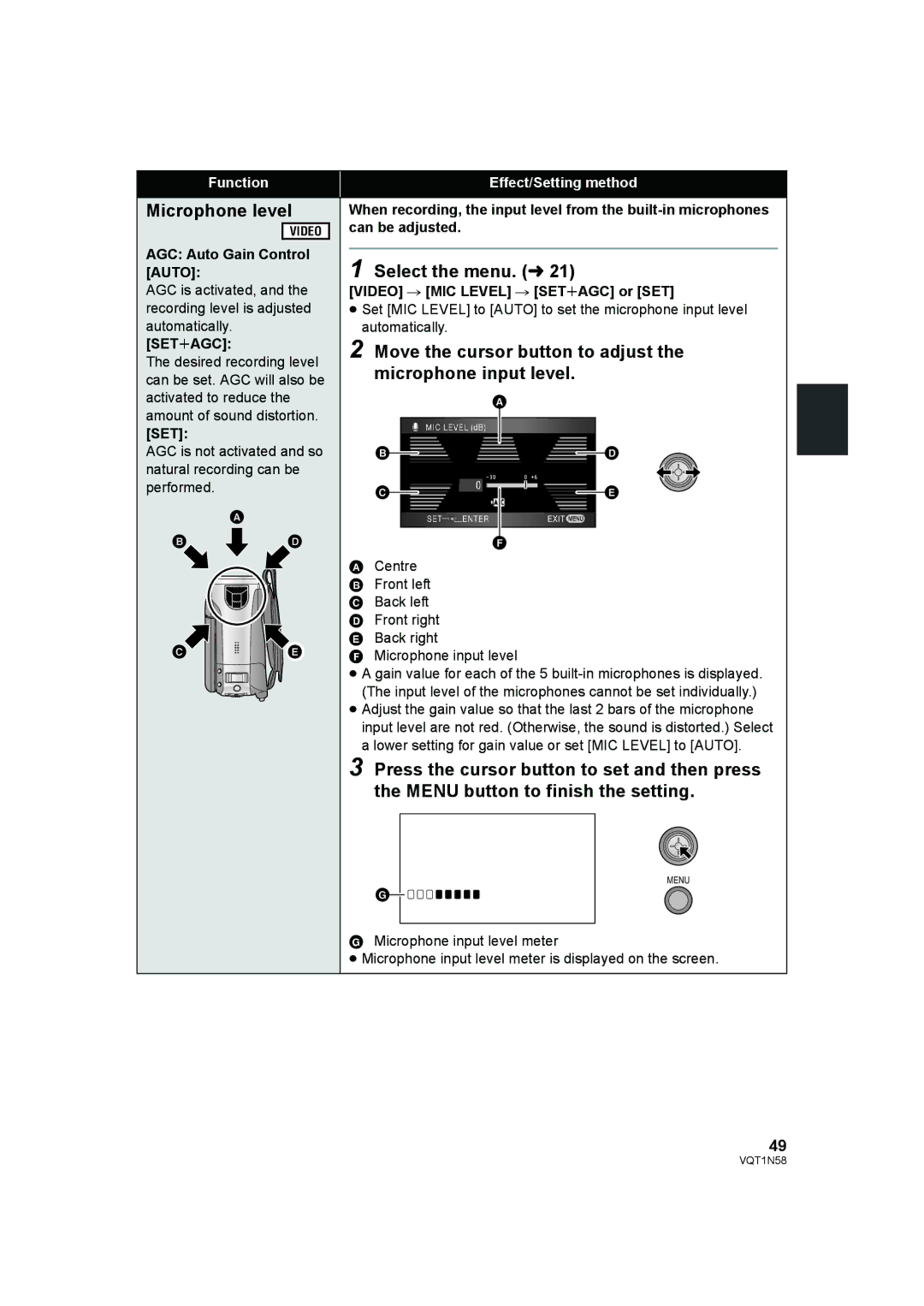 Panasonic HDC-SD9D operating instructions Microphone level, Move the cursor button to adjust the microphone input level 