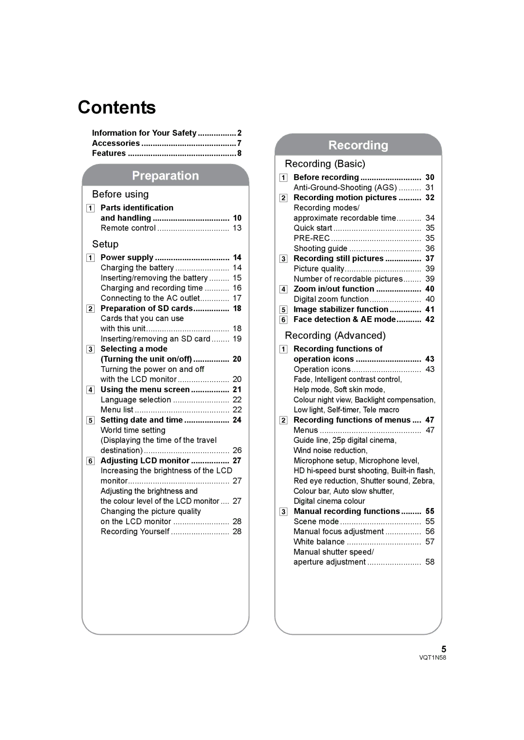 Panasonic HDC-SD9D operating instructions Contents 