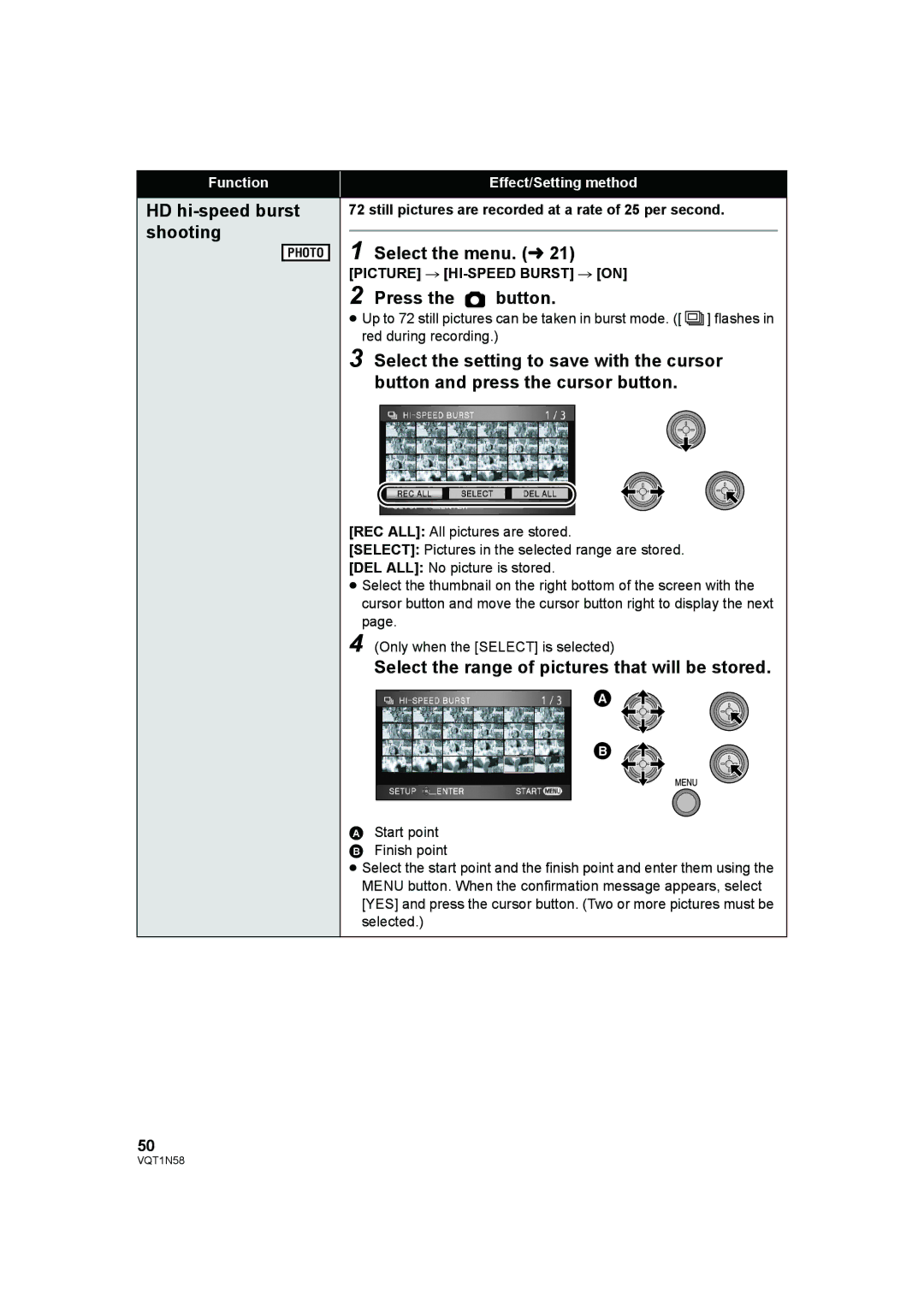 Panasonic HDC-SD9D HD hi-speed burst shooting, Press the button, Select the range of pictures that will be stored 