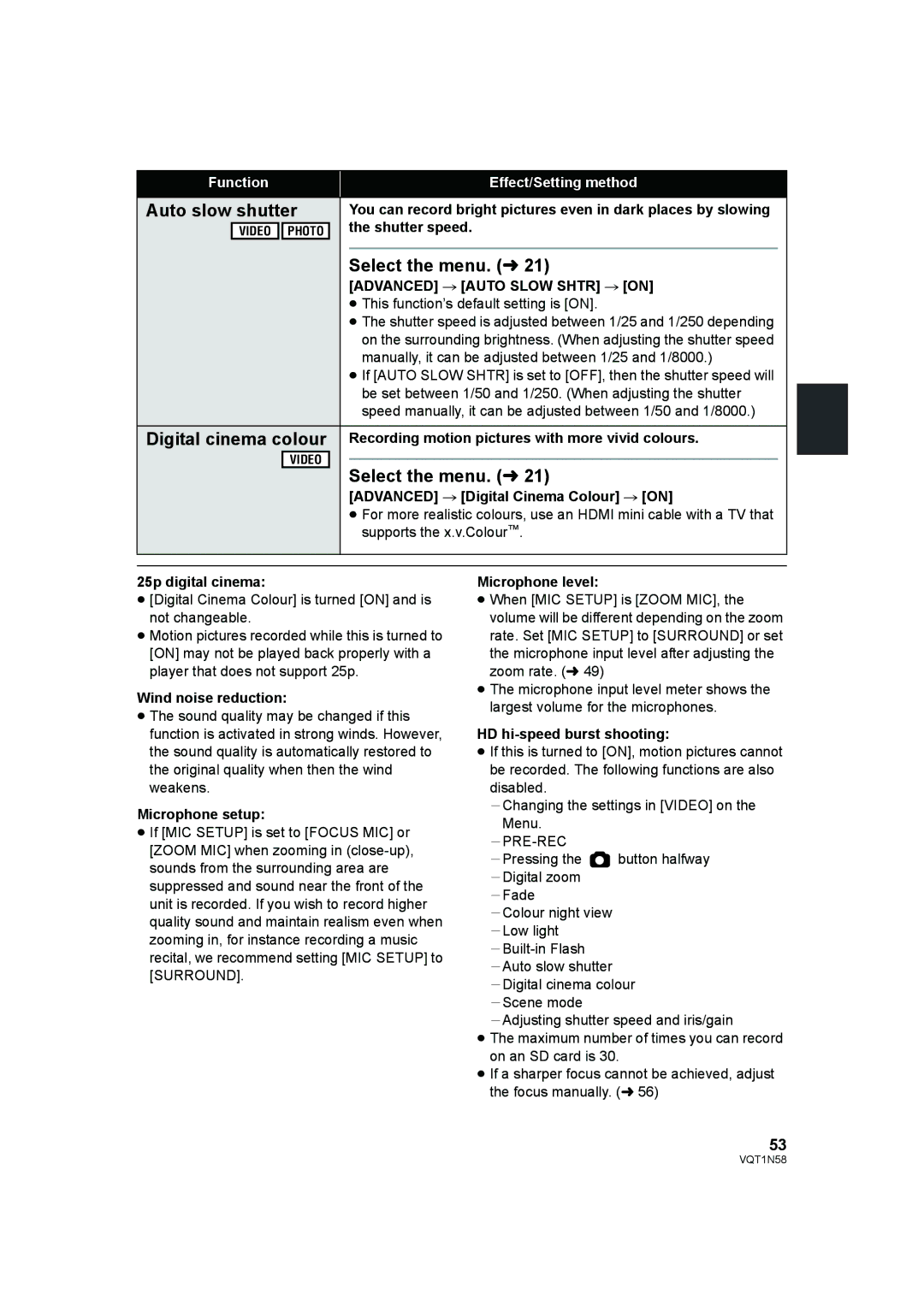 Panasonic HDC-SD9D operating instructions Auto slow shutter, Digital cinema colour, Advanced # Auto Slow Shtr # on 