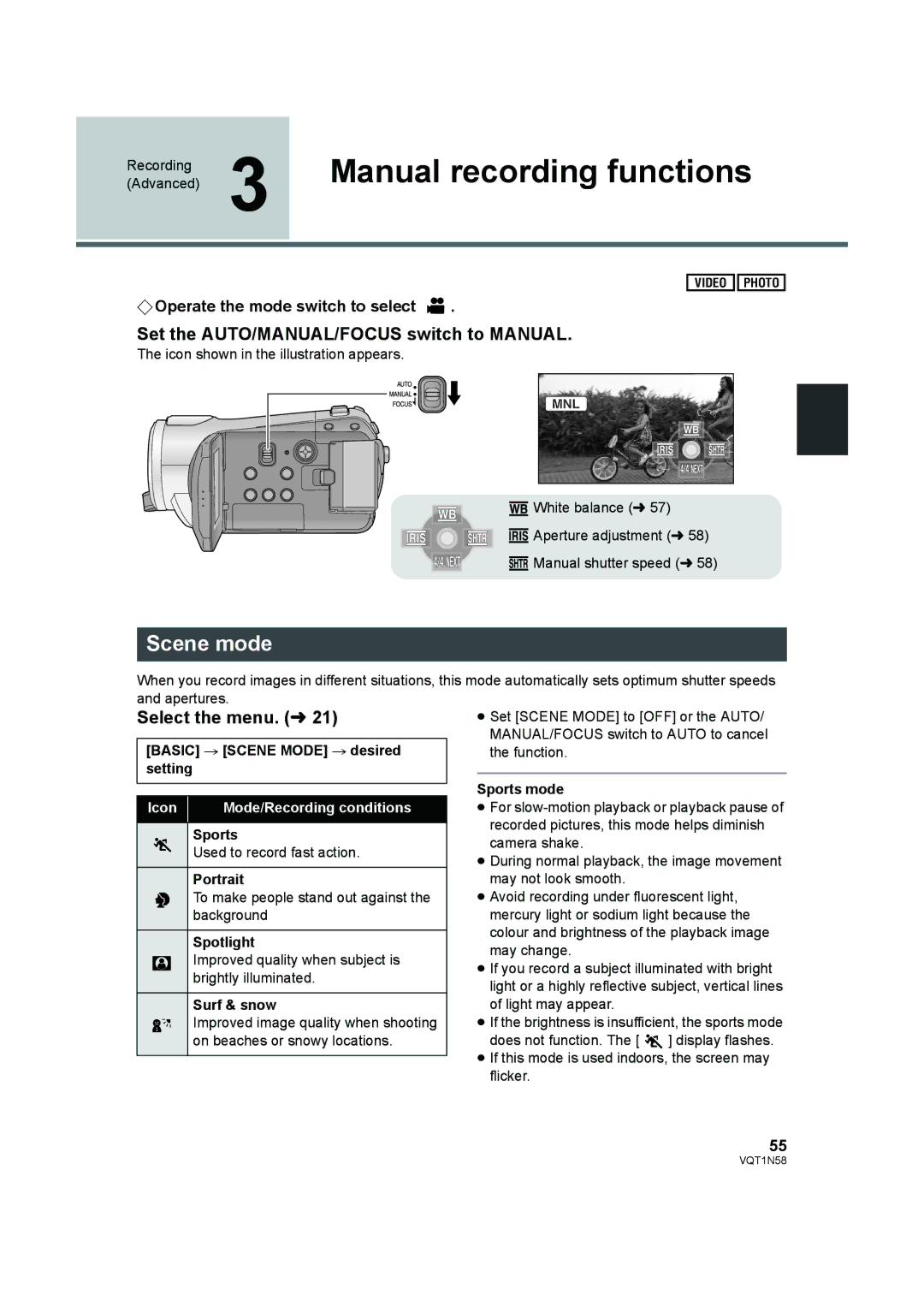 Panasonic HDC-SD9D Manual recording functions, Scene mode, Set the AUTO/MANUAL/FOCUS switch to Manual 