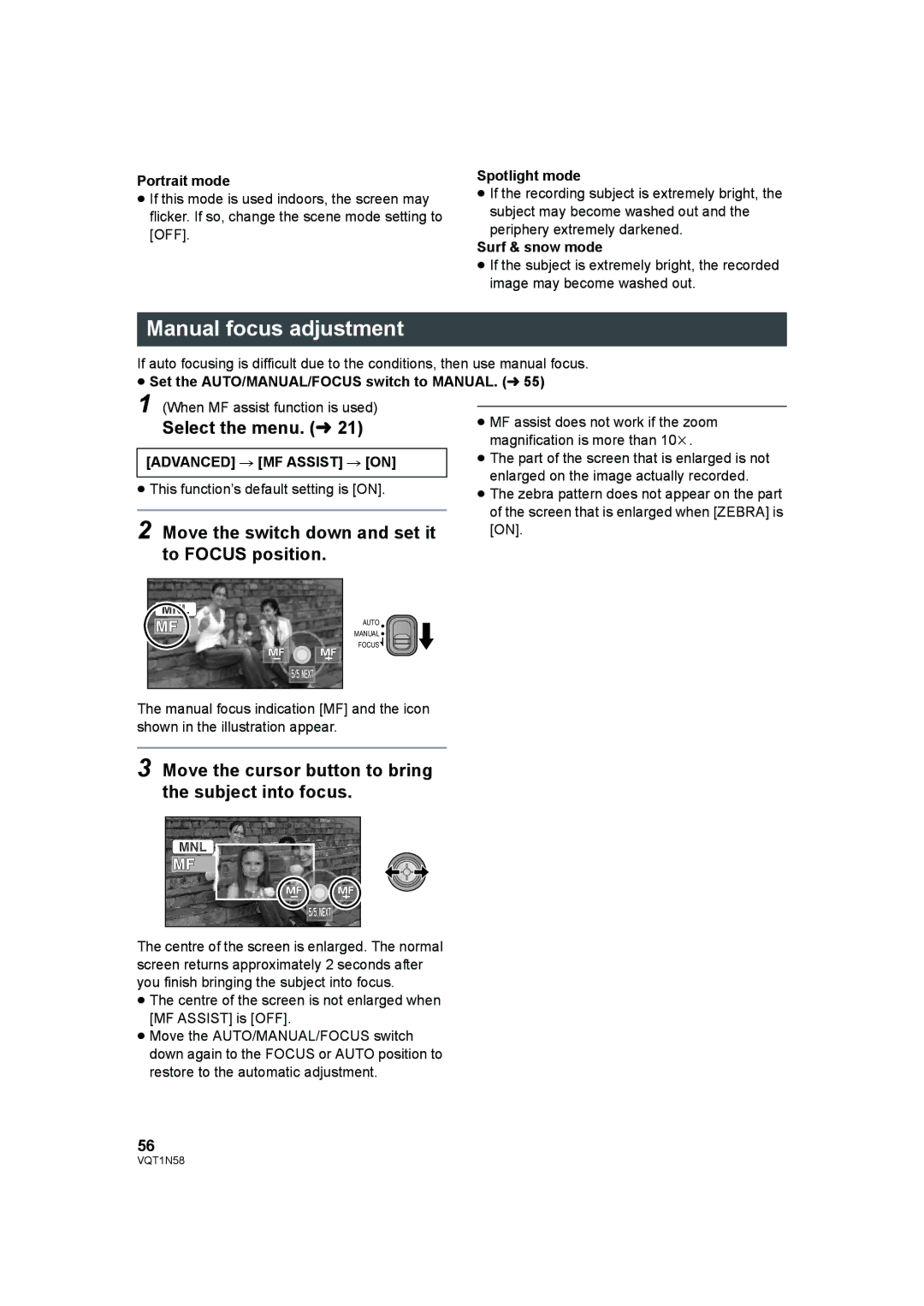 Panasonic HDC-SD9D Manual focus adjustment, Move the switch down and set it to Focus position, Advanced # MF Assist # on 