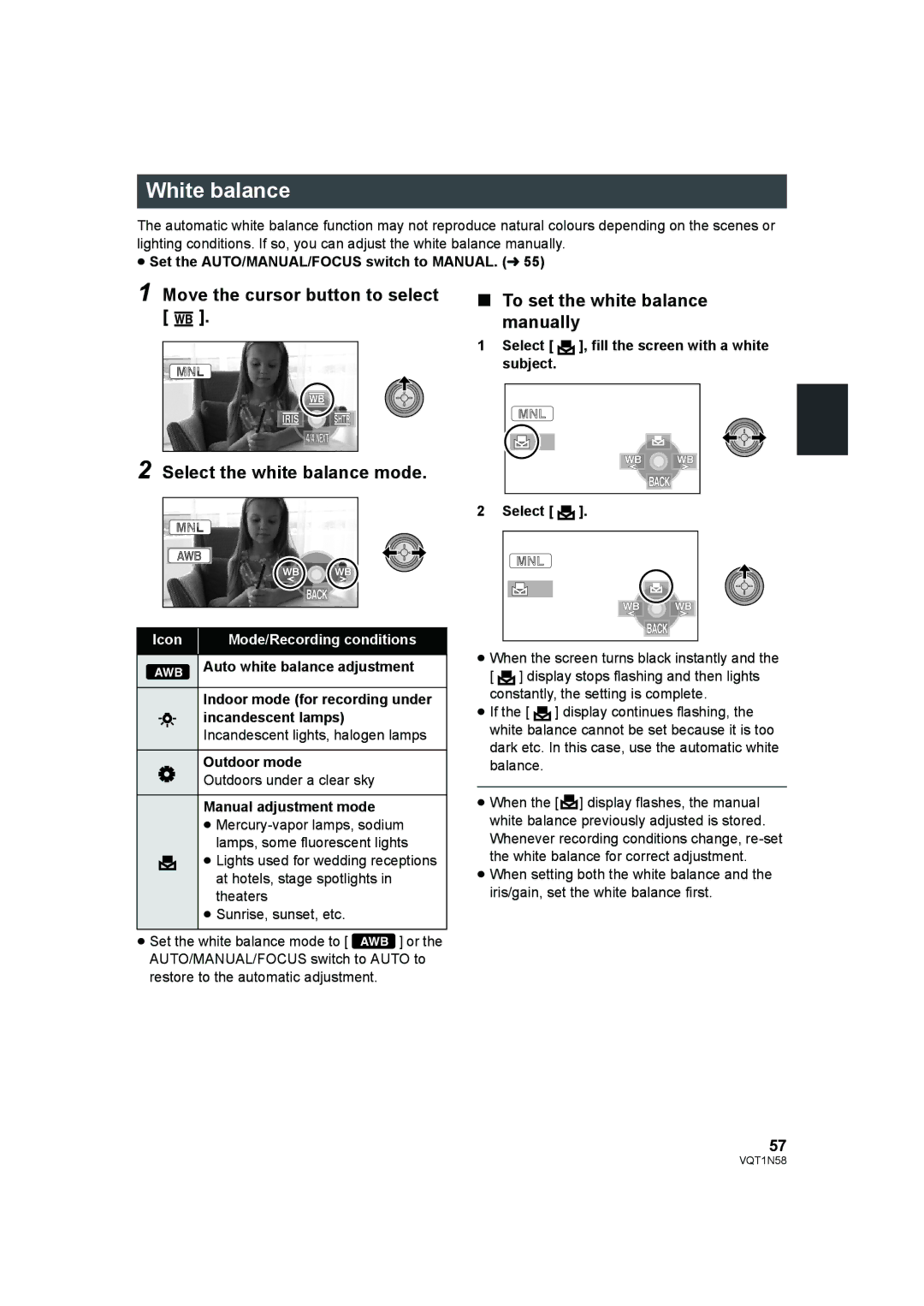 Panasonic HDC-SD9D White balance, Select , fill the screen with a white subject, Manual adjustment mode 