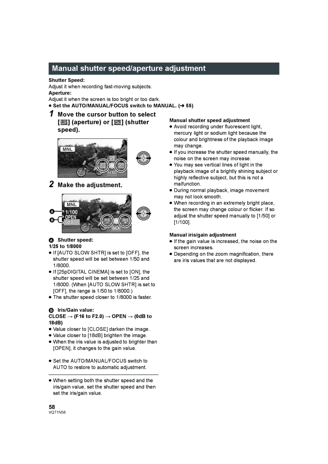 Panasonic HDC-SD9D Manual shutter speed/aperture adjustment, Aperture, Manual shutter speed adjustment 