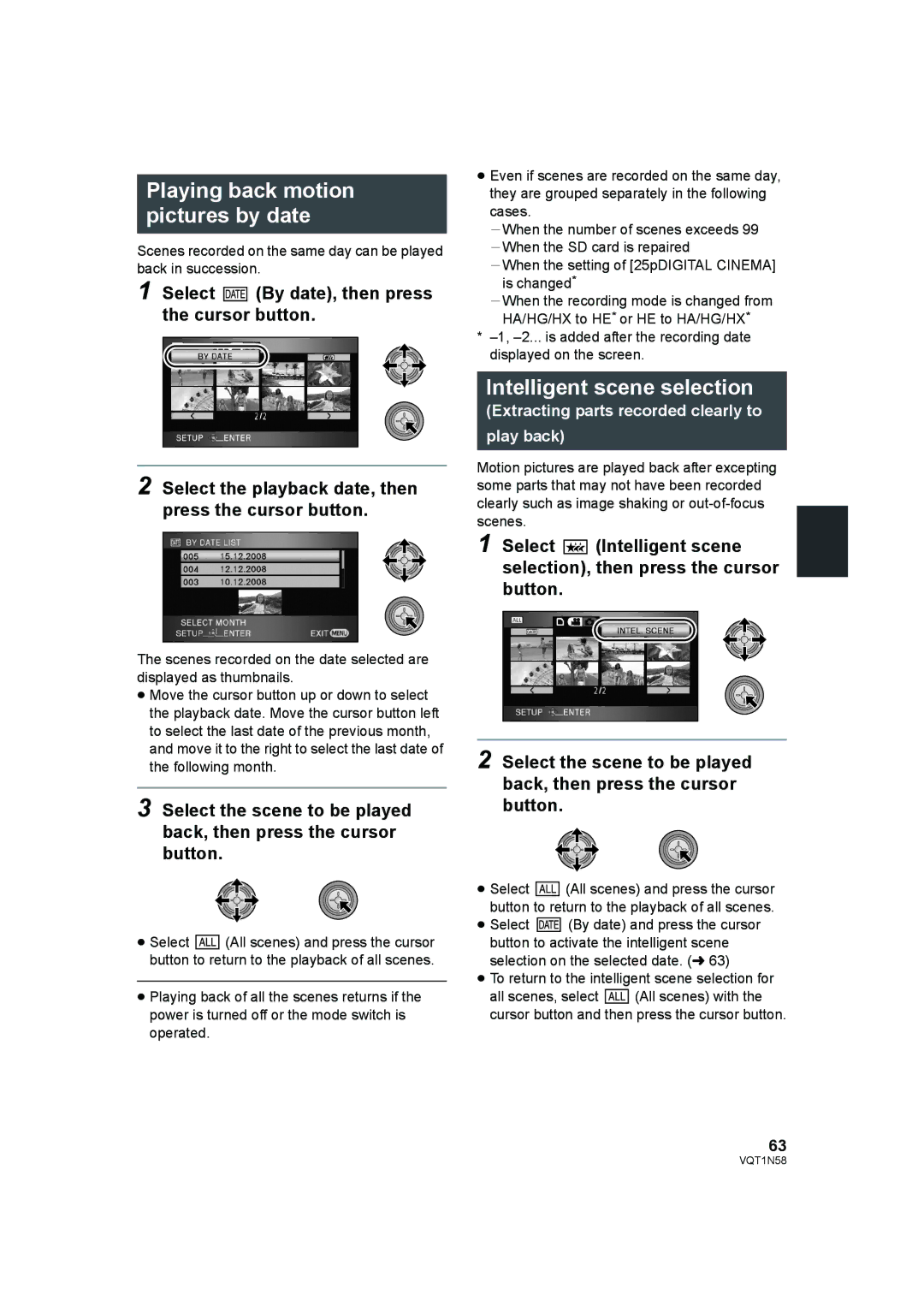 Panasonic HDC-SD9D operating instructions Playing back motion pictures by date, Intelligent scene selection 