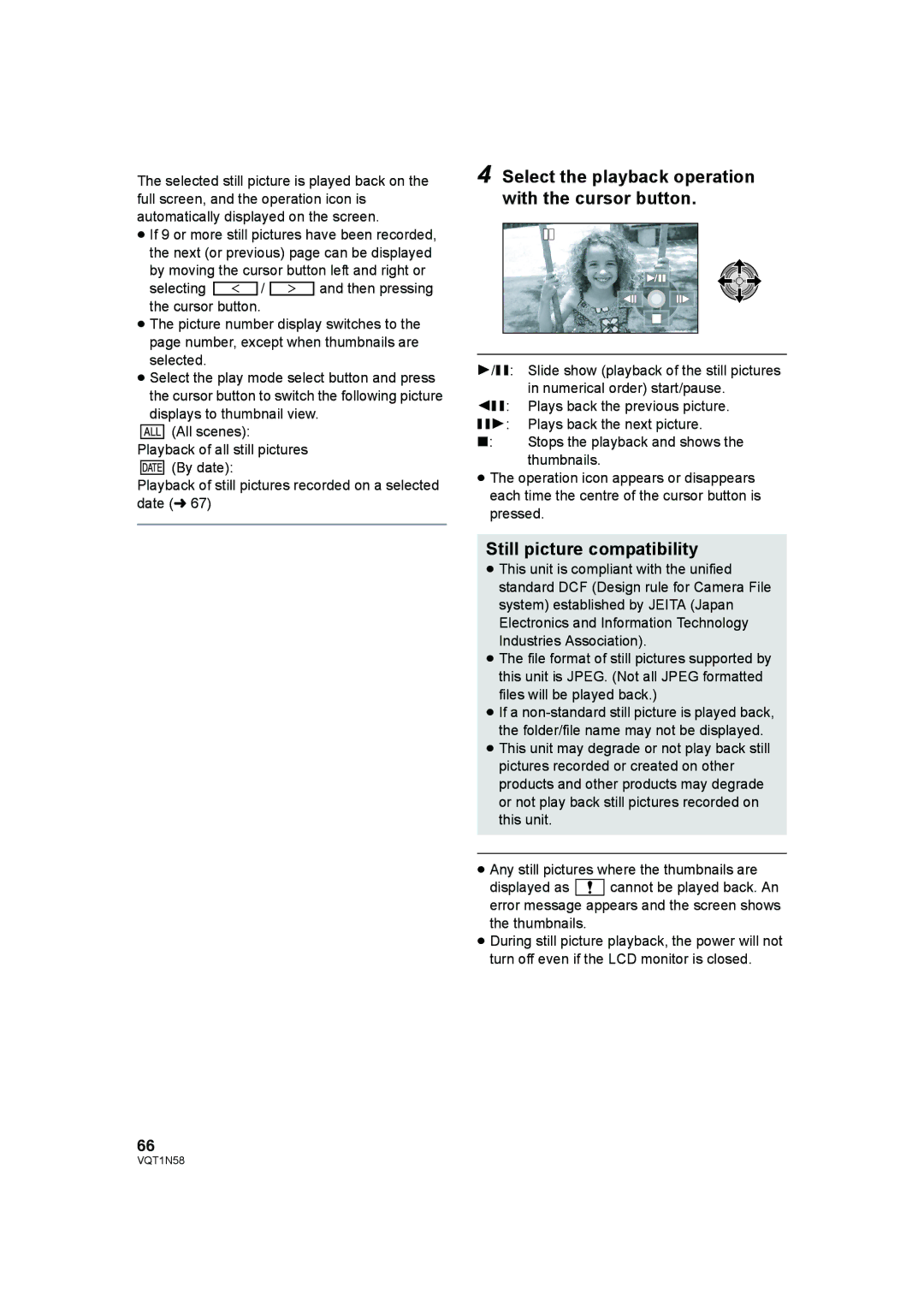 Panasonic HDC-SD9D operating instructions Select the playback operation with the cursor button, Still picture compatibility 