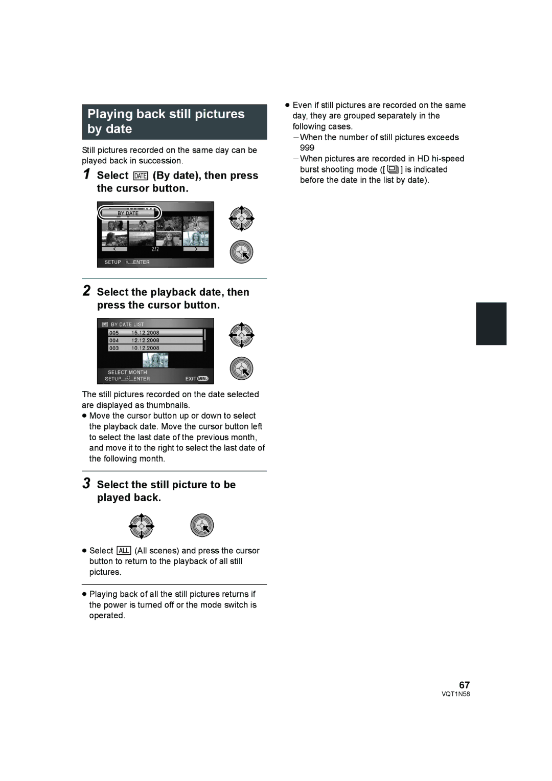 Panasonic HDC-SD9D operating instructions Playing back still pictures by date, Select the still picture to be played back 