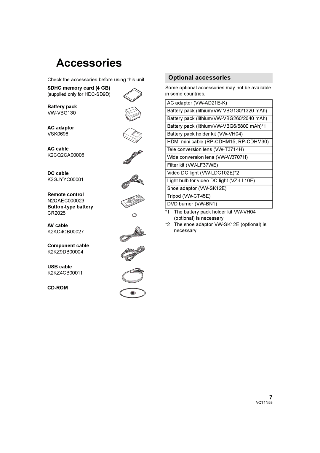 Panasonic HDC-SD9D operating instructions Accessories, Optional accessories, Cd-Rom 