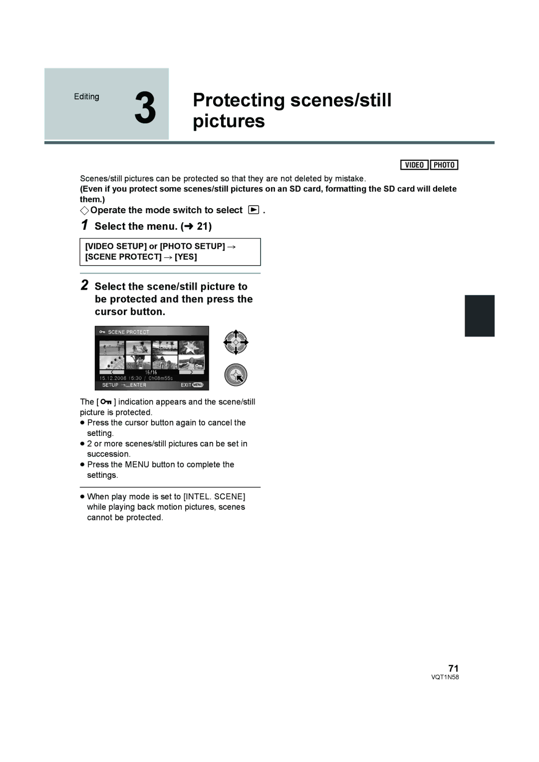 Panasonic HDC-SD9D operating instructions PicturesProtecting scenes/still, Video Setup or Photo Setup # Scene Protect # YES 