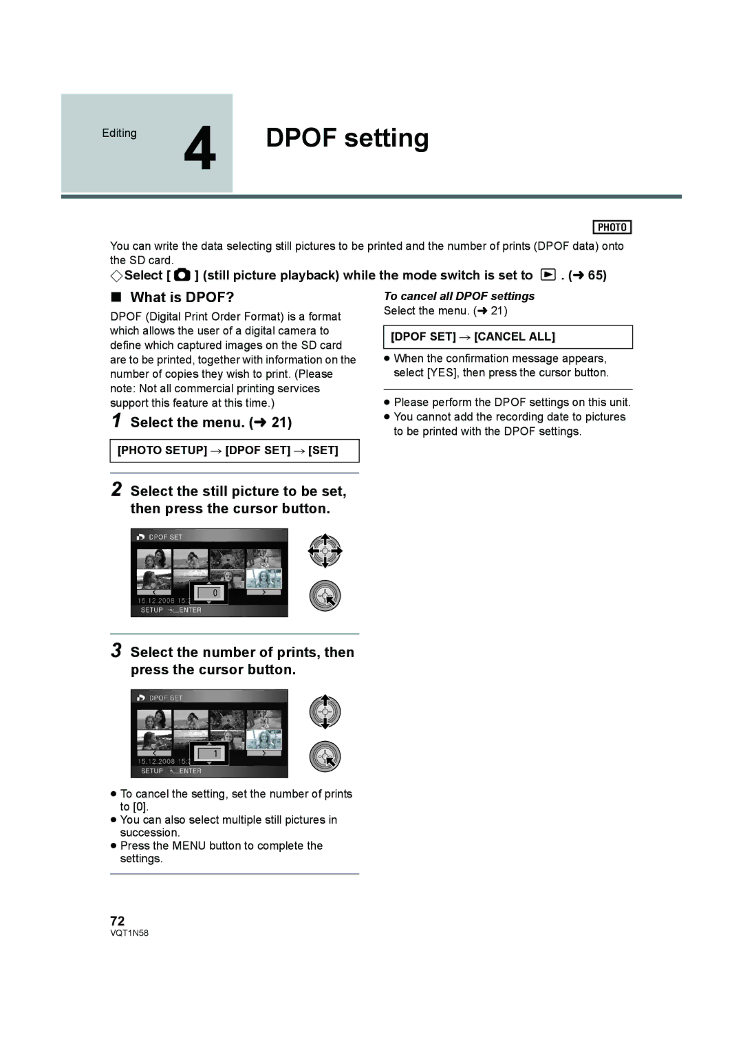 Panasonic HDC-SD9D Editing 4 Dpof setting, What is DPOF?, Photo Setup # Dpof SET # SET, Dpof SET # Cancel ALL 