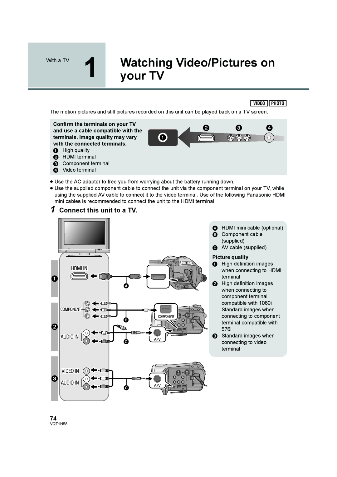 Panasonic HDC-SD9D Watching Video/Pictures on, Your TV, Connect this unit to a TV, With a TV, Picture quality 