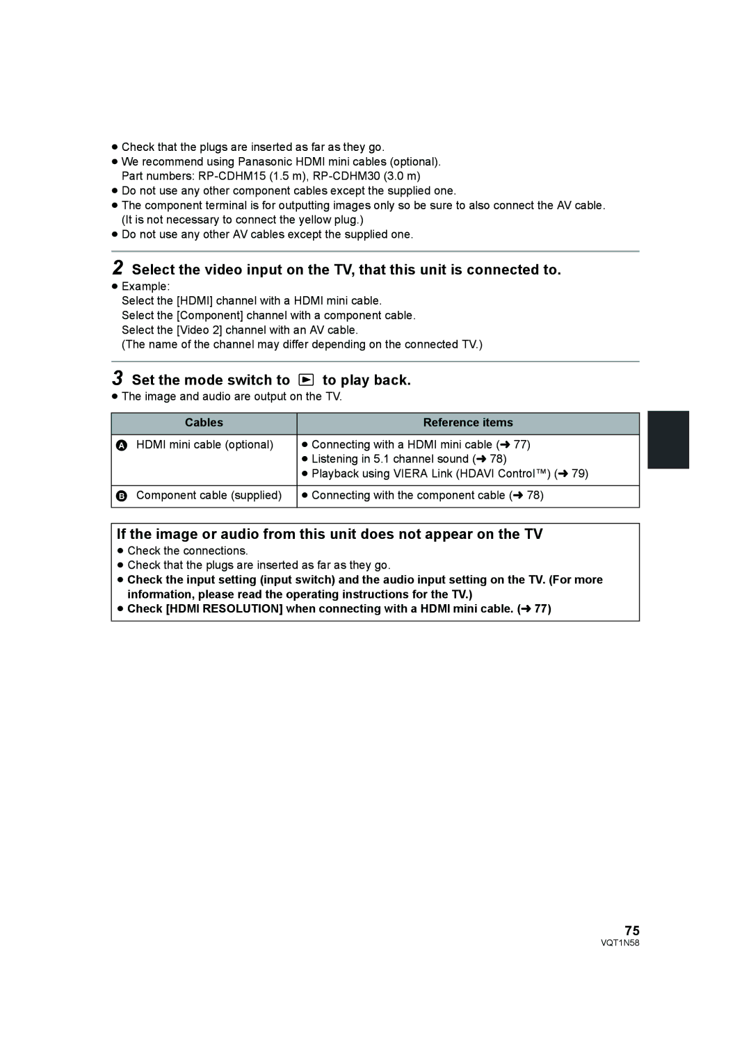 Panasonic HDC-SD9D operating instructions Set the mode switch to to play back, Cables Reference items 