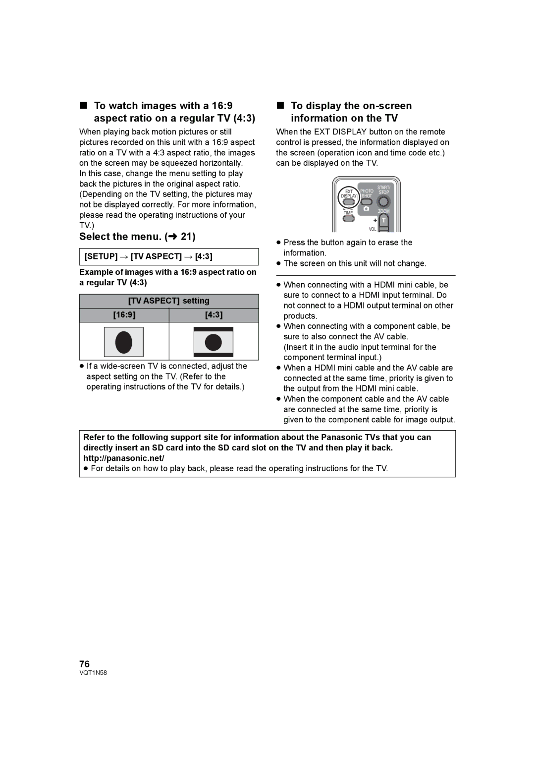 Panasonic HDC-SD9D To watch images with a 169 aspect ratio on a regular TV, To display the on-screen information on the TV 