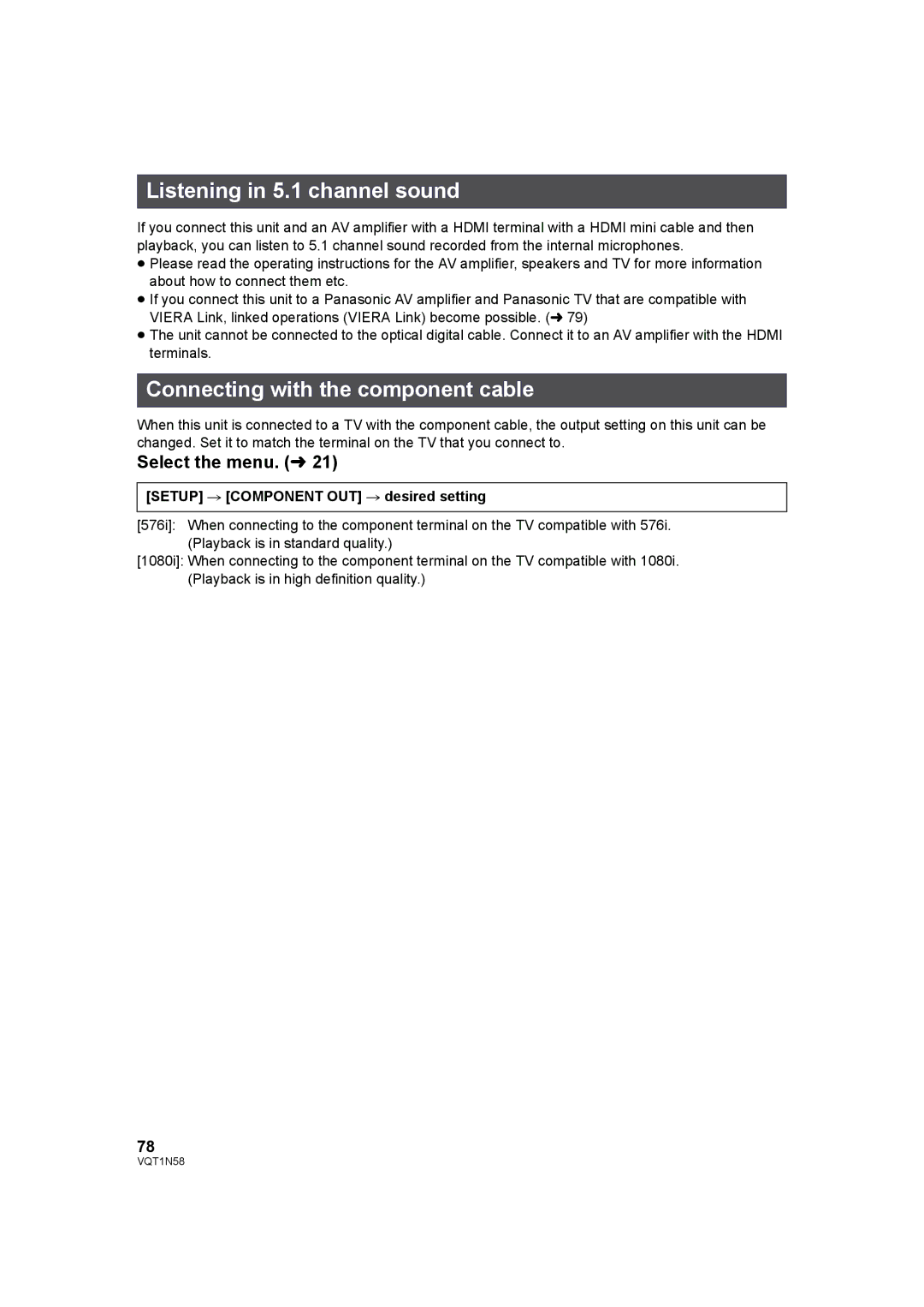 Panasonic HDC-SD9D operating instructions Listening in 5.1 channel sound, Connecting with the component cable 