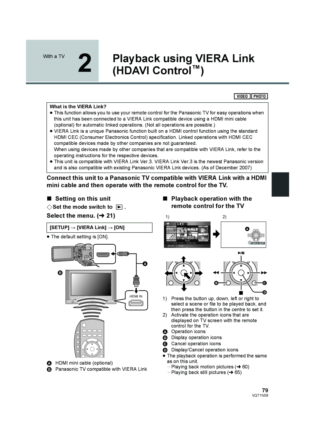 Panasonic HDC-SD9D Playback using Viera Link, Hdavi Control, Playback operation with the remote control for the TV 