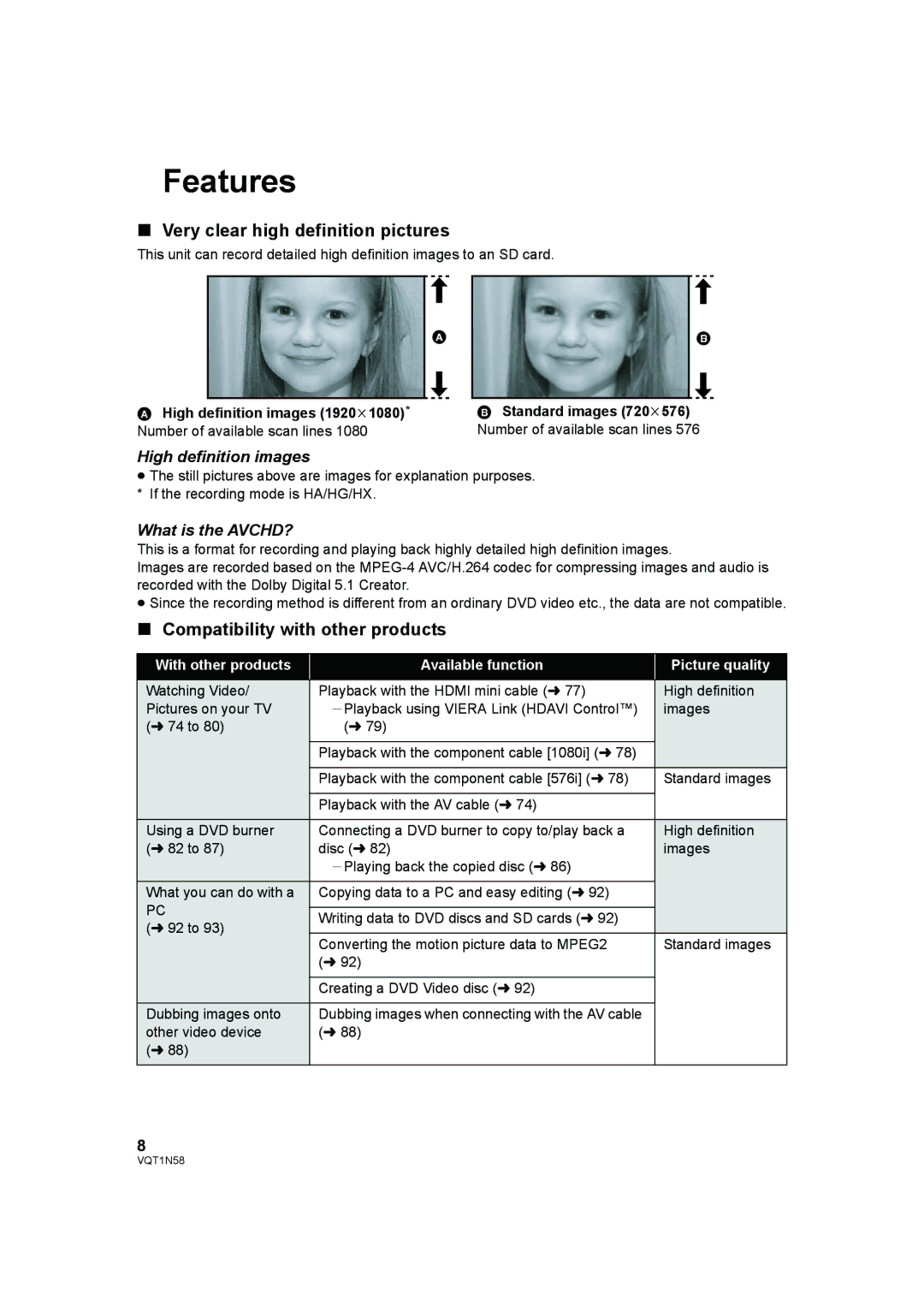 Panasonic HDC-SD9D operating instructions Features, Very clear high definition pictures, Compatibility with other products 