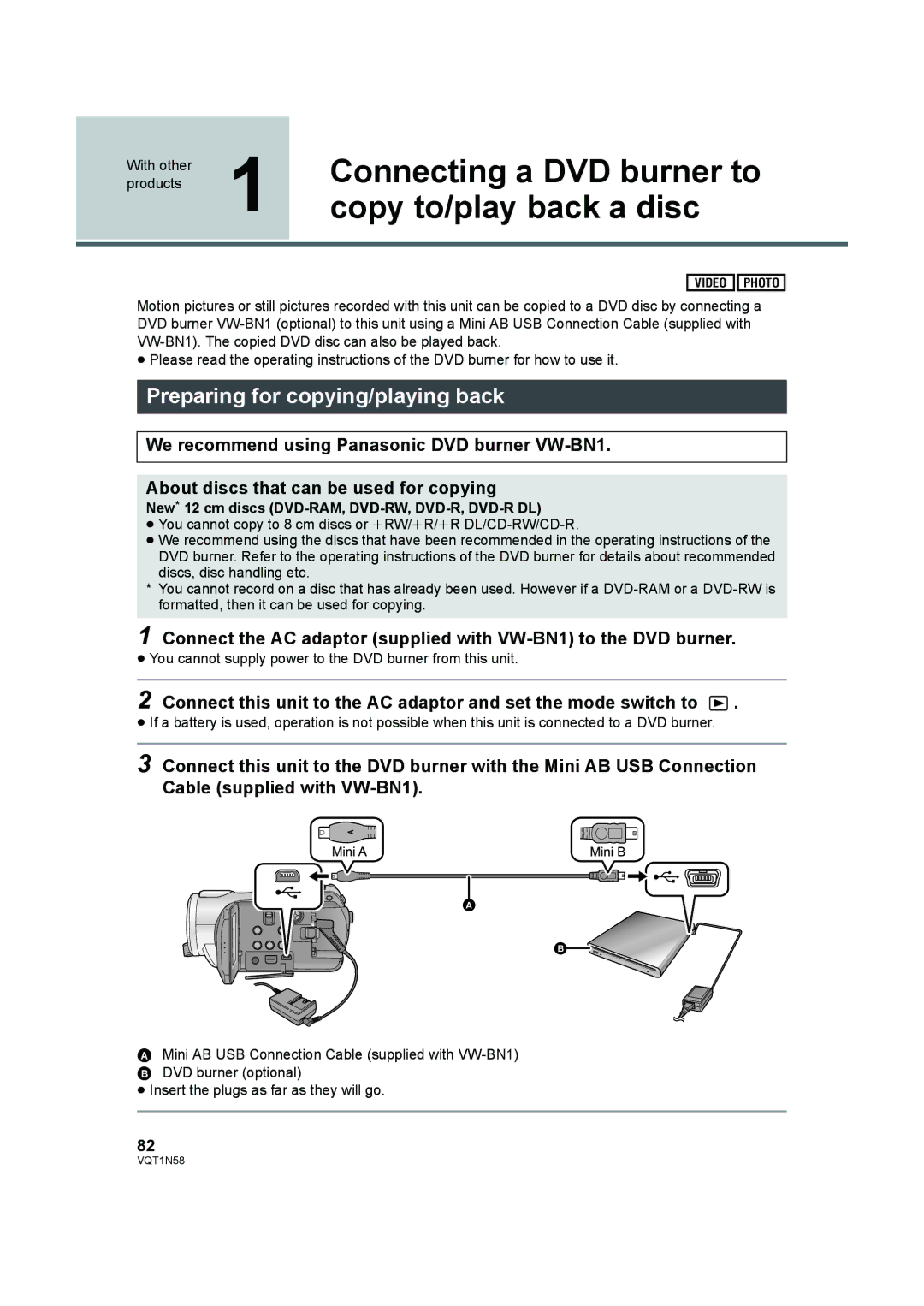 Panasonic HDC-SD9D Connecting a DVD burner to, Copy to/play back a disc, Preparing for copying/playing back 