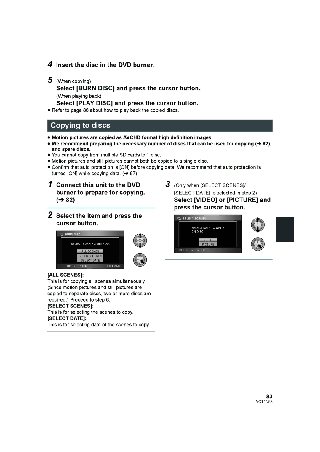 Panasonic HDC-SD9D operating instructions Copying to discs 