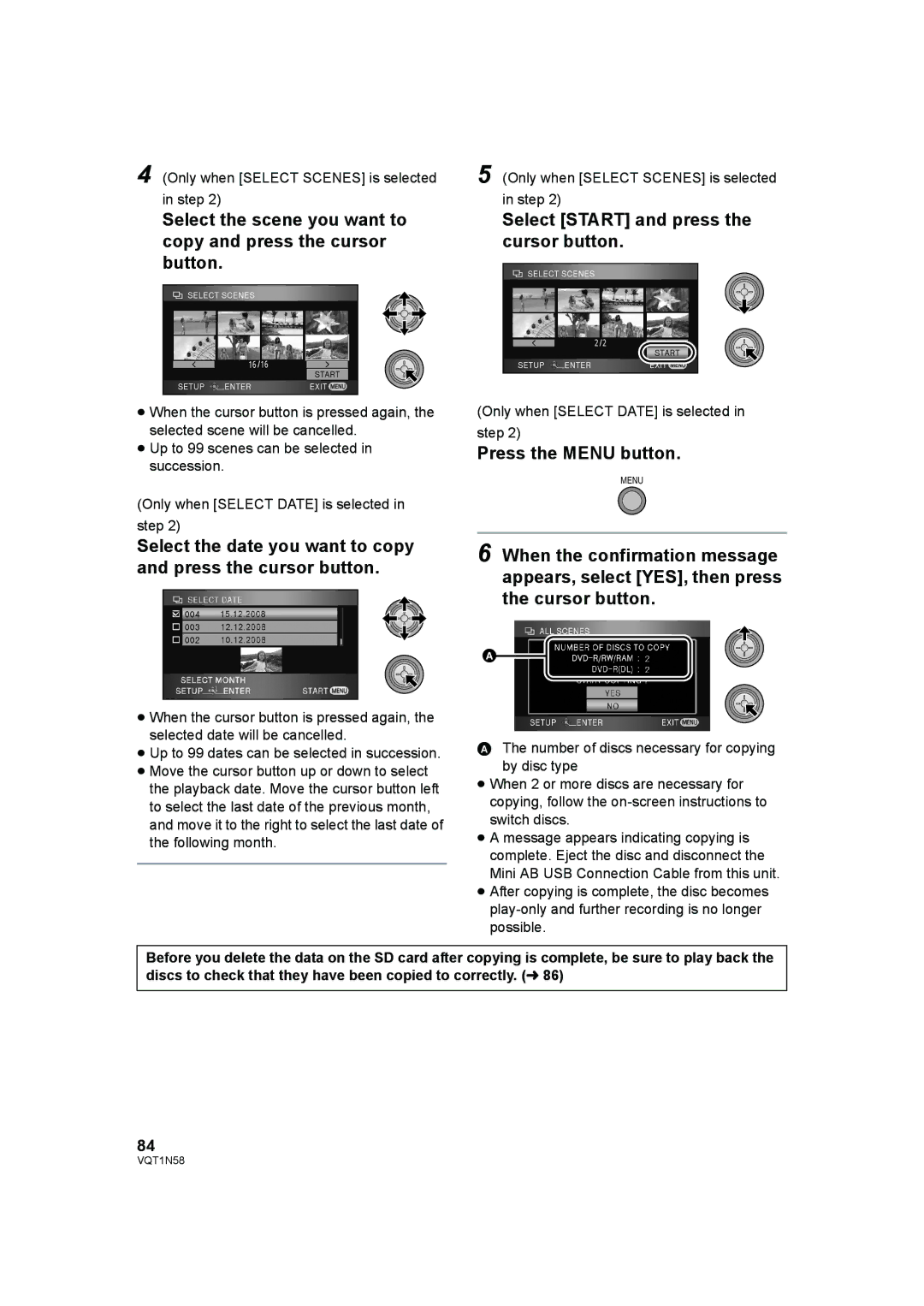 Panasonic HDC-SD9D Select Start and press the cursor button, Select the date you want to copy and press the cursor button 