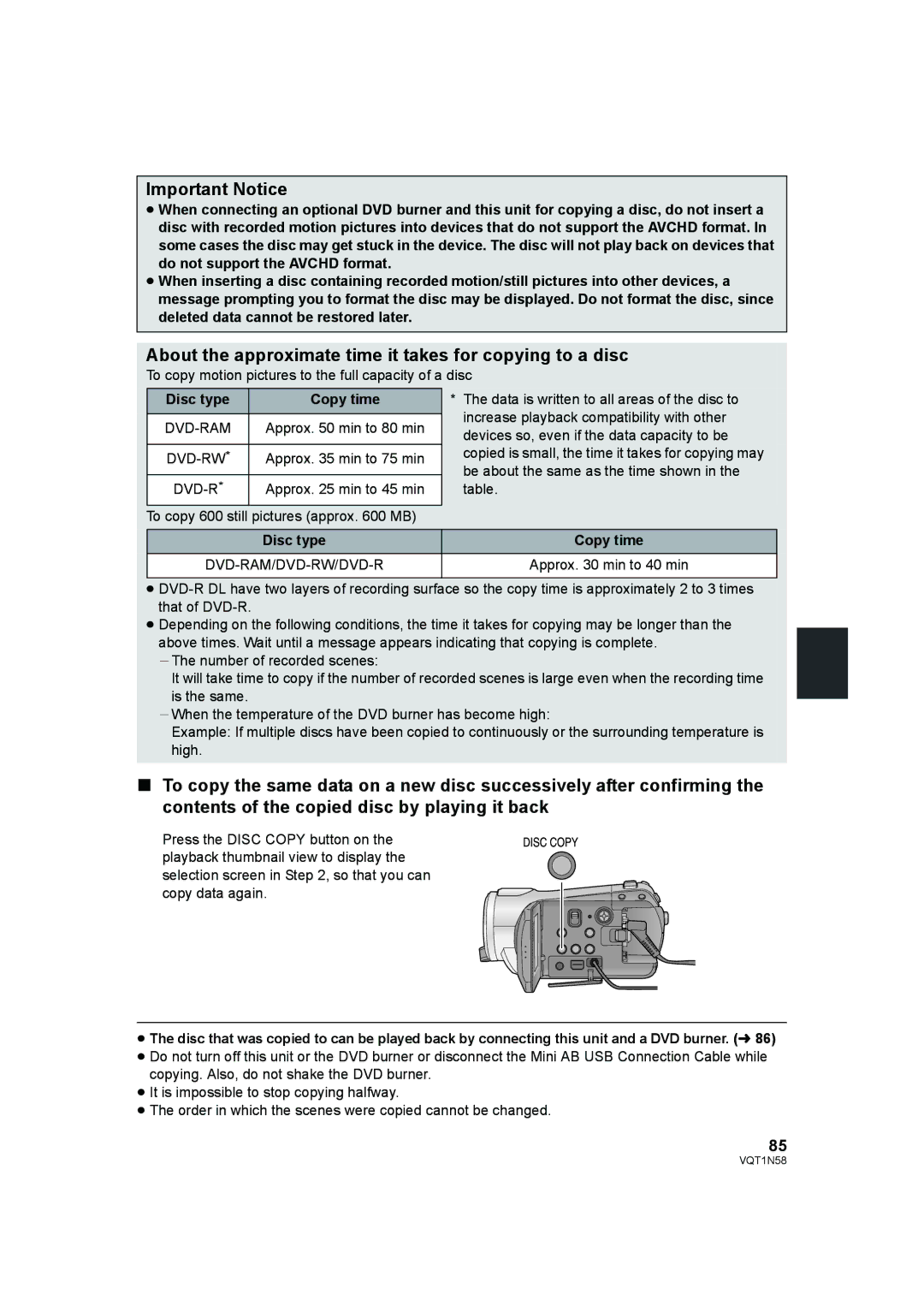 Panasonic HDC-SD9D Important Notice, About the approximate time it takes for copying to a disc, Disc type Copy time 