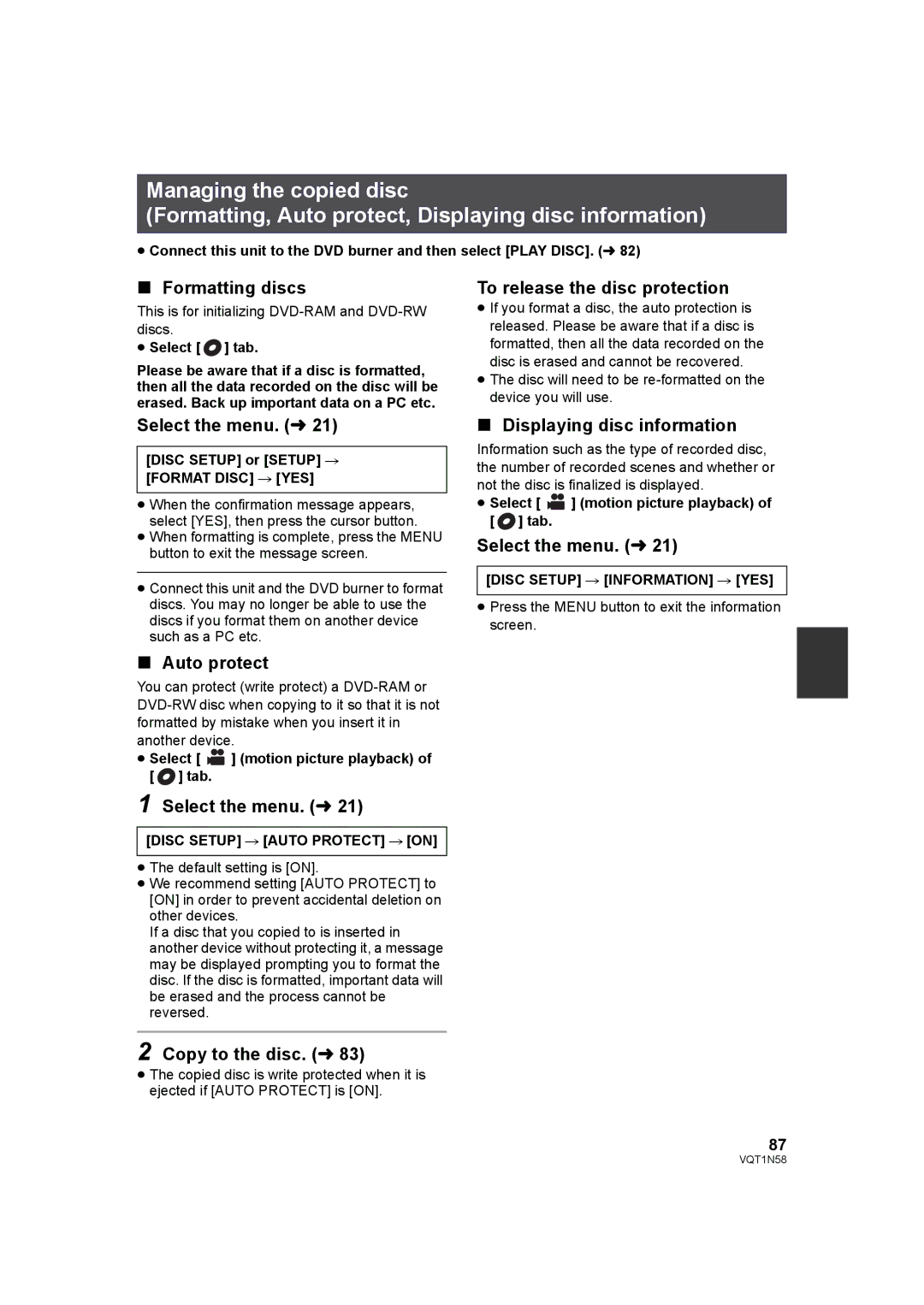 Panasonic HDC-SD9D Formatting discs, To release the disc protection, Displaying disc information, Auto protect 