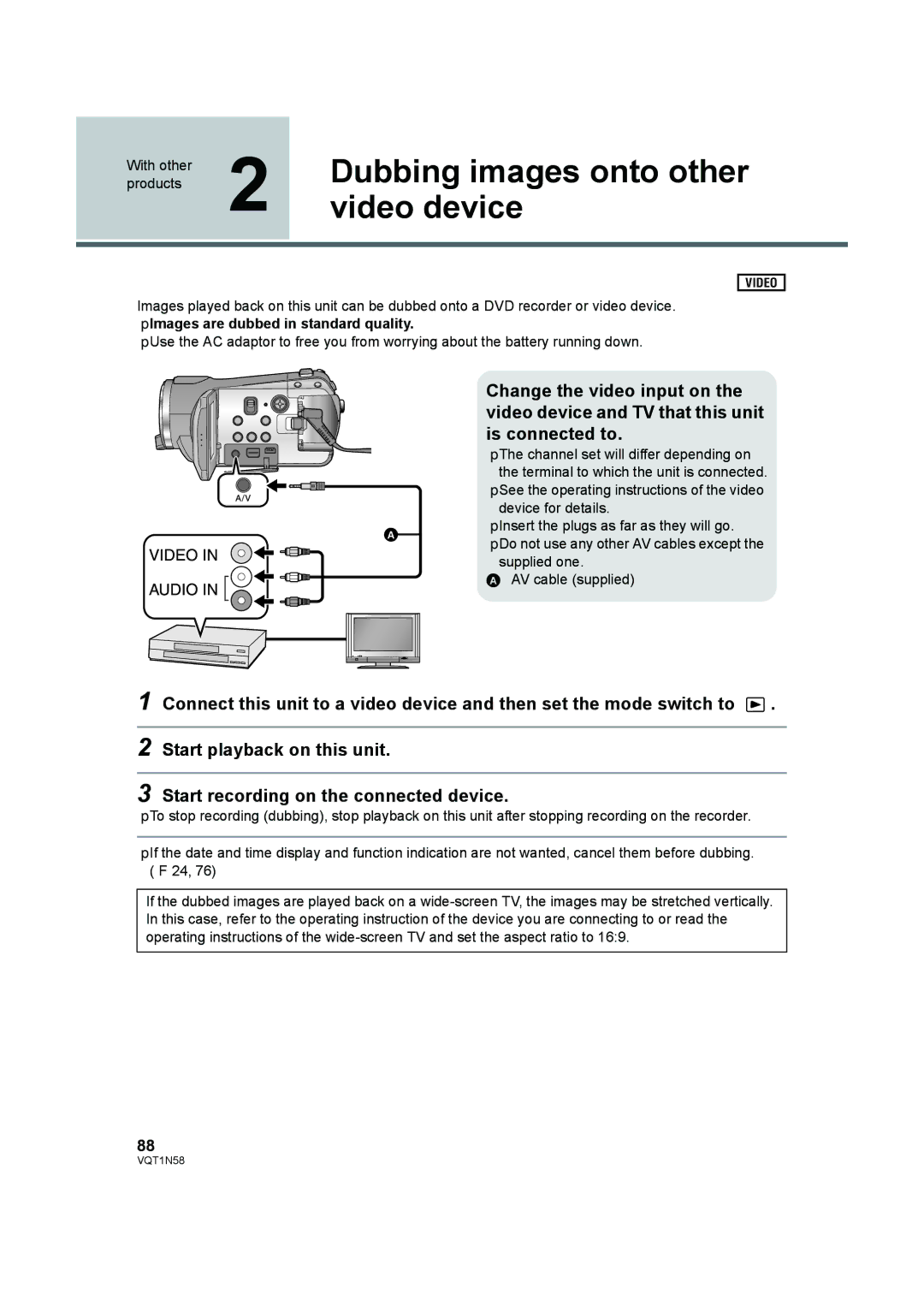 Panasonic HDC-SD9D operating instructions Dubbing images onto other, Video device, ≥ Images are dubbed in standard quality 