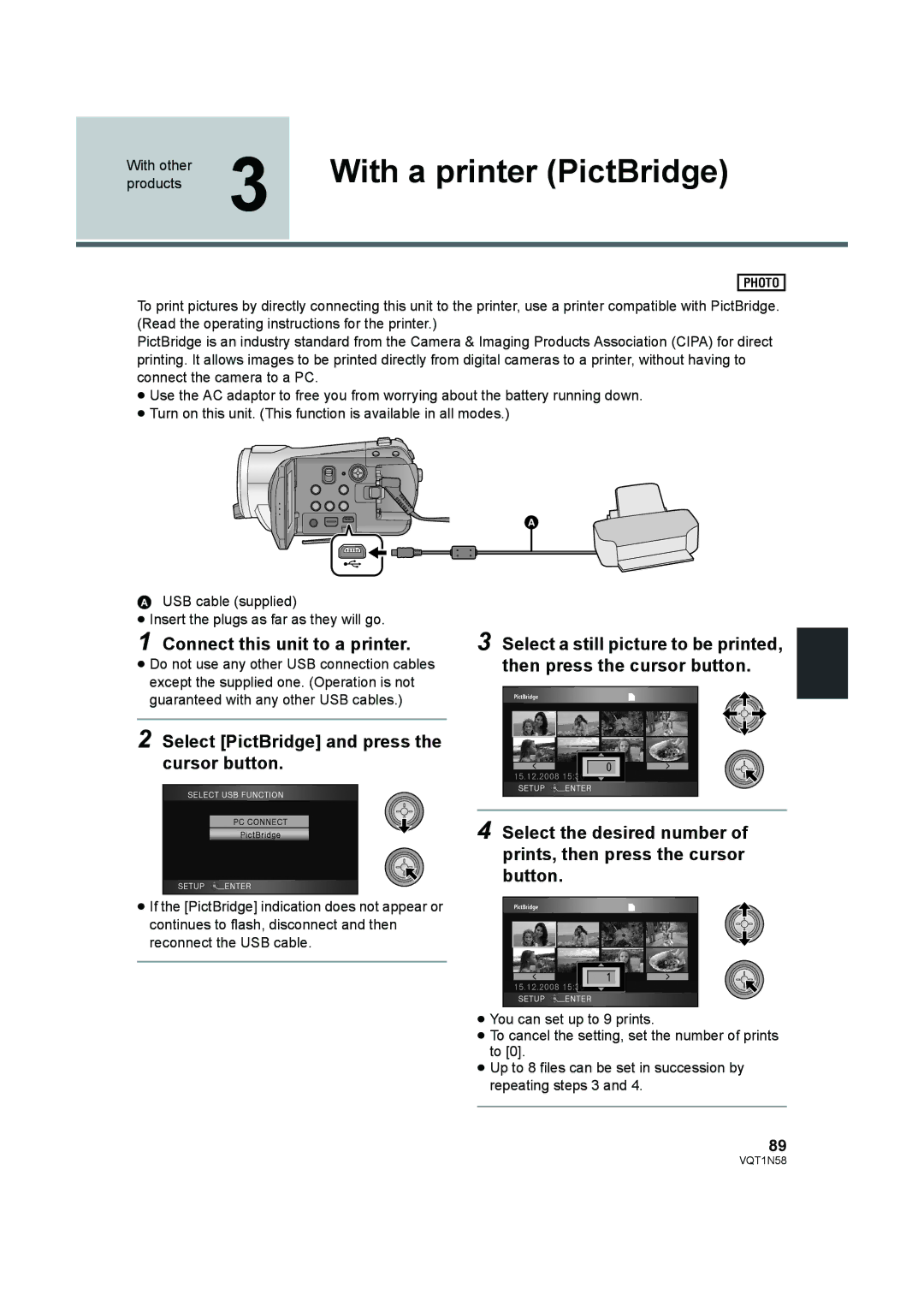 Panasonic HDC-SD9D operating instructions With a printer PictBridge, Connect this unit to a printer 