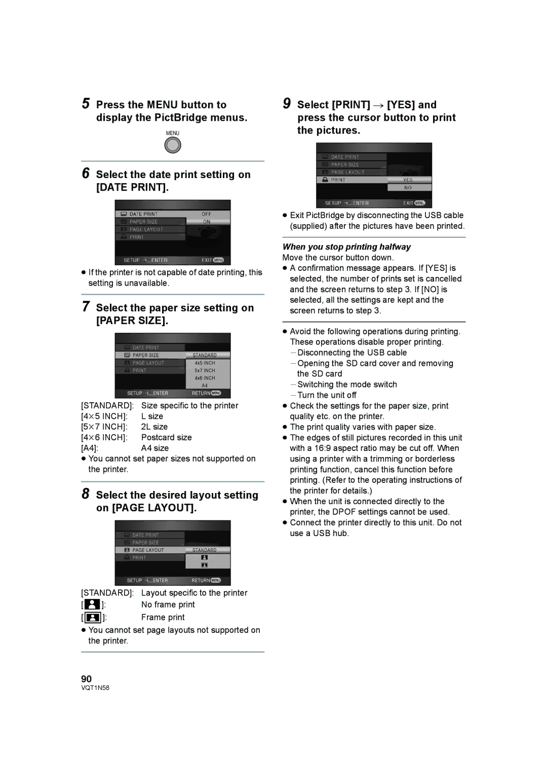 Panasonic HDC-SD9D Press the Menu button to display the PictBridge menus, Select the date print setting on Date Print 