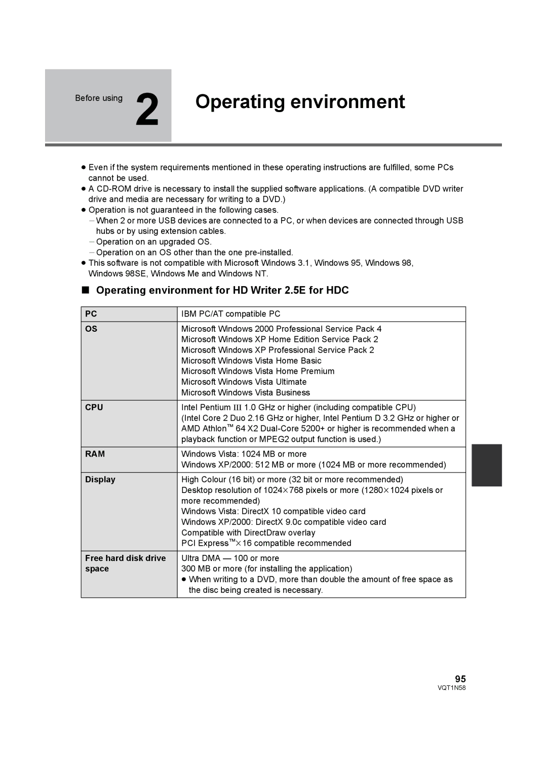 Panasonic HDC-SD9D operating instructions Operating environment for HD Writer 2.5E for HDC, Cpu, Ram 