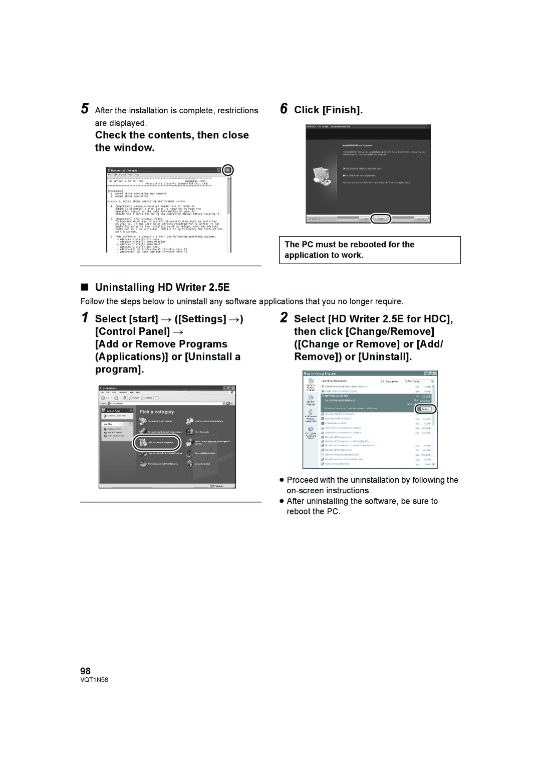 Panasonic HDC-SD9D operating instructions Click Finish, Check the contents, then close Window, Uninstalling HD Writer 2.5E 