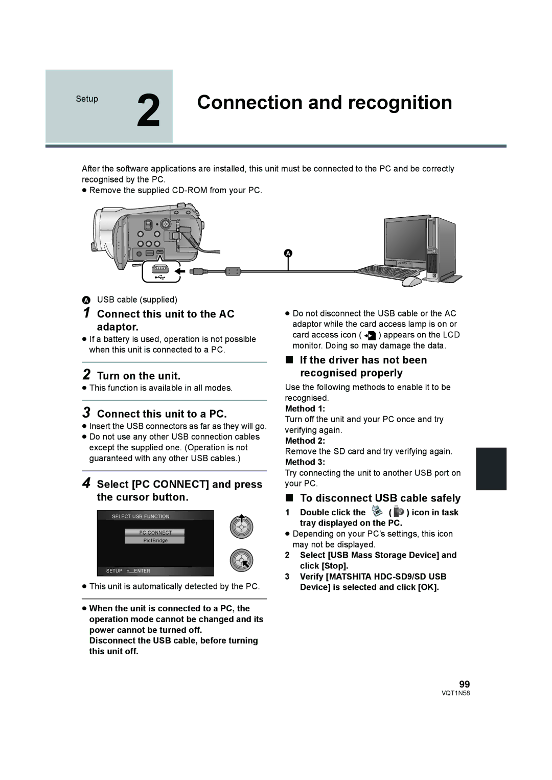 Panasonic HDC-SD9D operating instructions Connection and recognition 