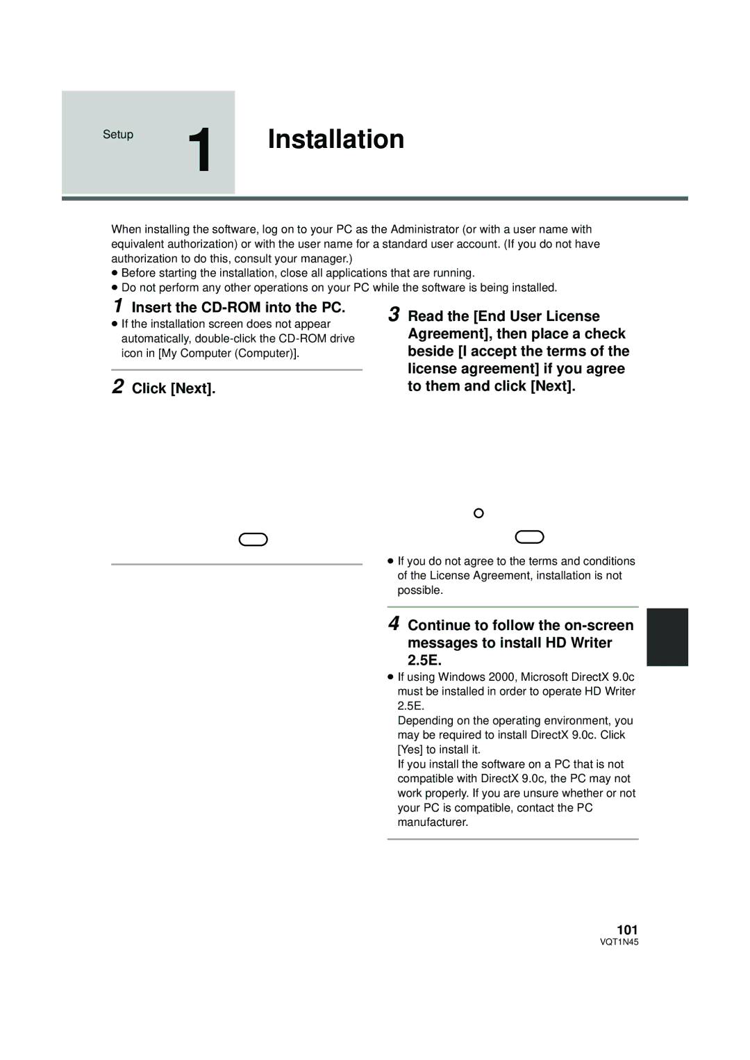 Panasonic HDC-SD9PC manual Setup 1 Installation, Insert the CD-ROM into the PC, 101 