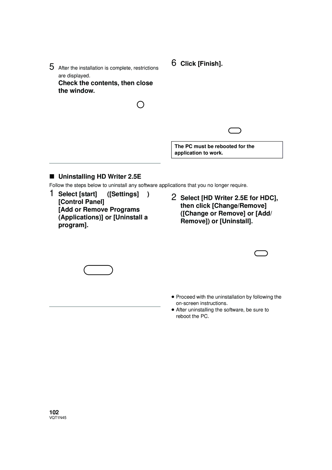 Panasonic HDC-SD9PC manual Check the contents, then close the window Click Finish, Uninstalling HD Writer 2.5E, 102 