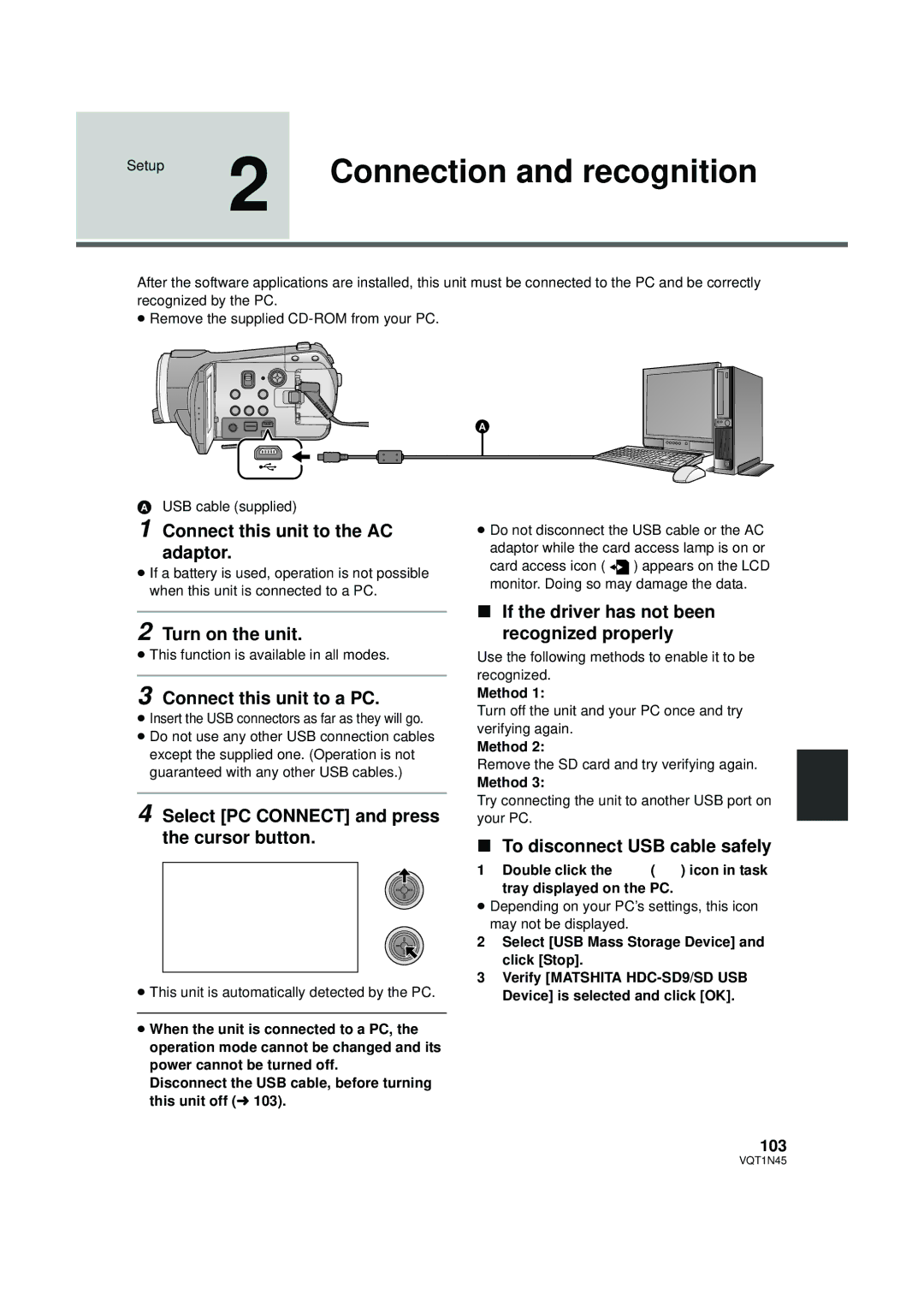 Panasonic HDC-SD9PC manual Connection and recognition 