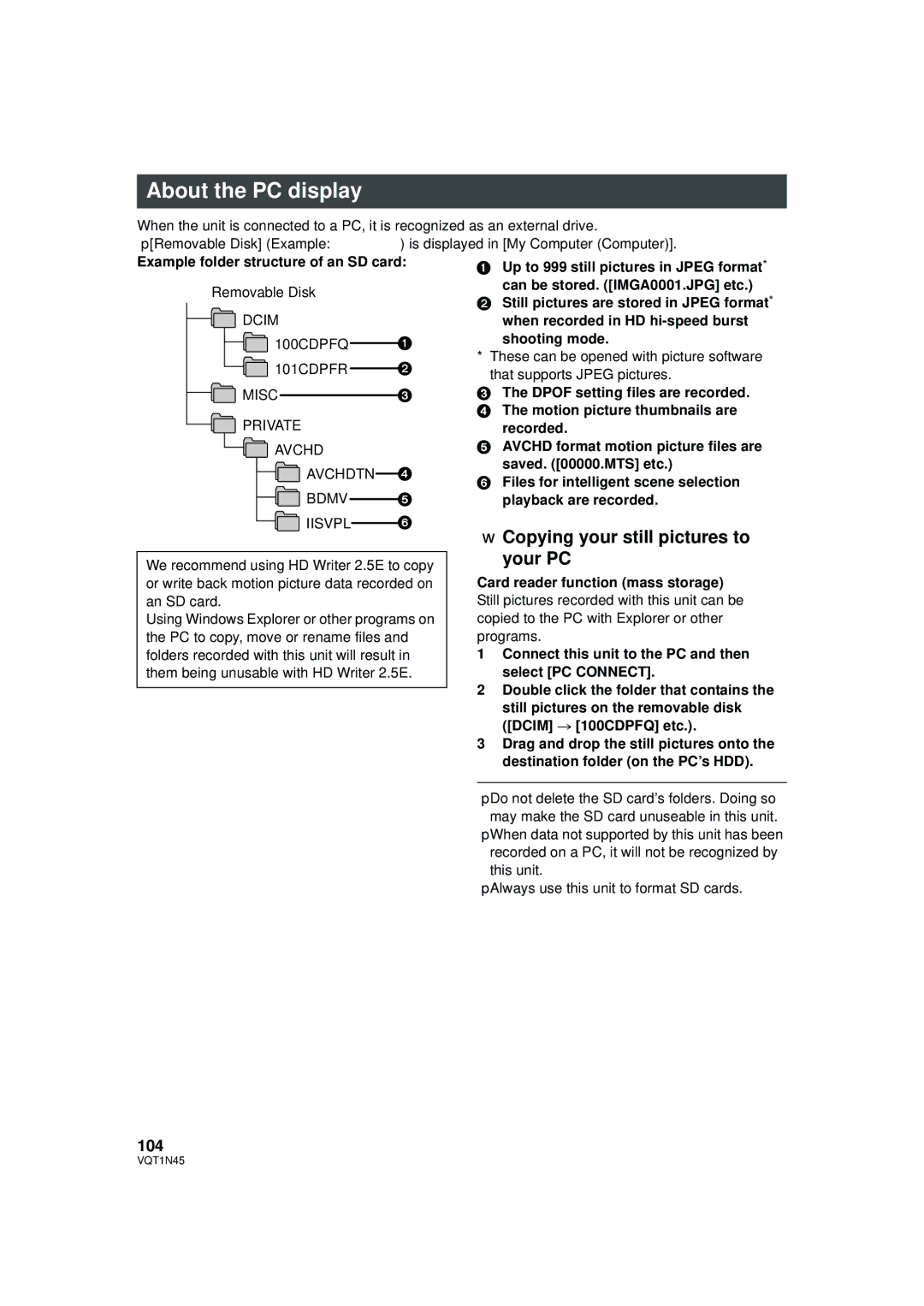 Panasonic HDC-SD9PC manual About the PC display, Copying your still pictures to, Your PC, 104 