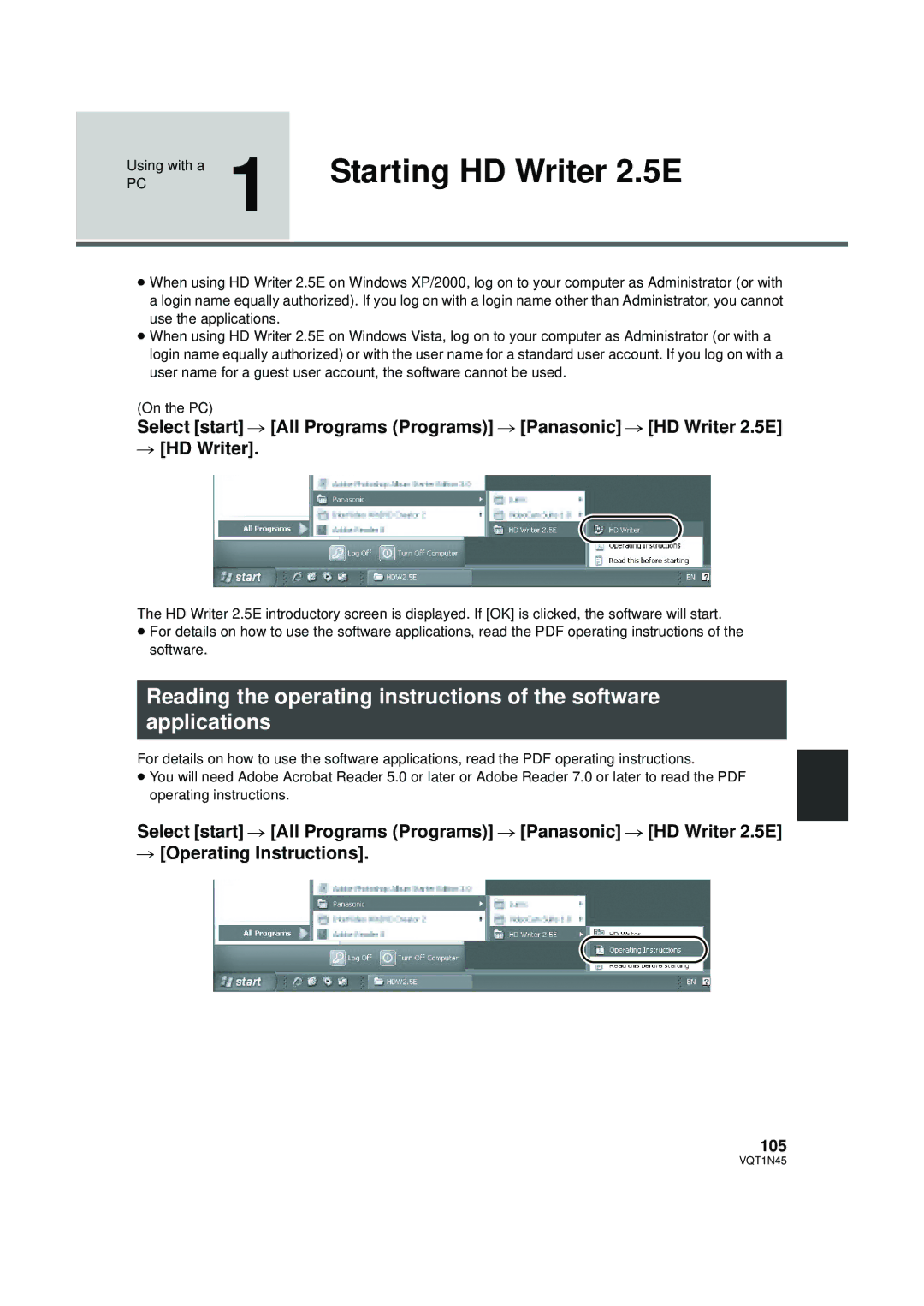 Panasonic HDC-SD9PC manual Starting HD Writer 2.5E, 105 