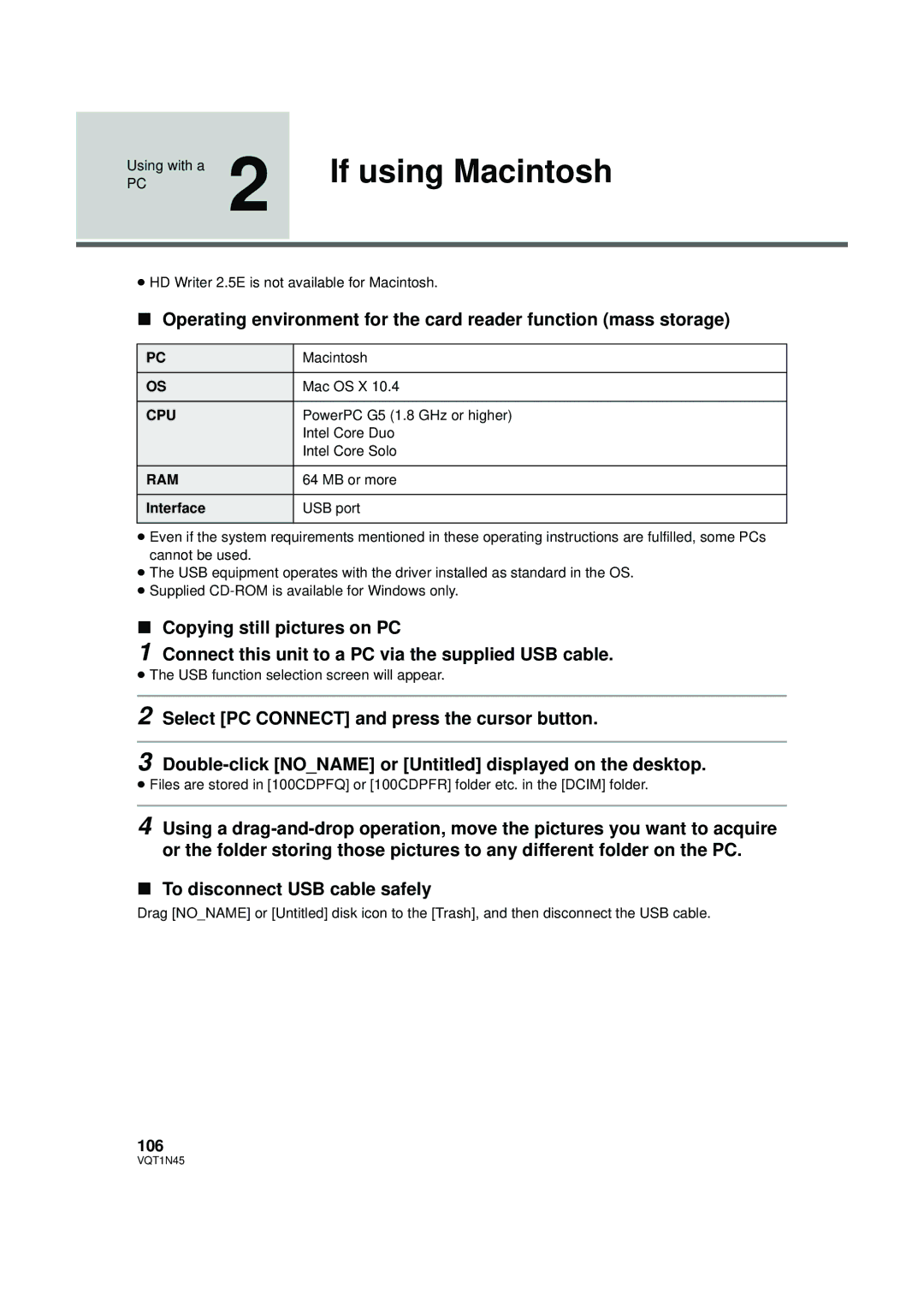 Panasonic HDC-SD9PC manual If using Macintosh, 106 