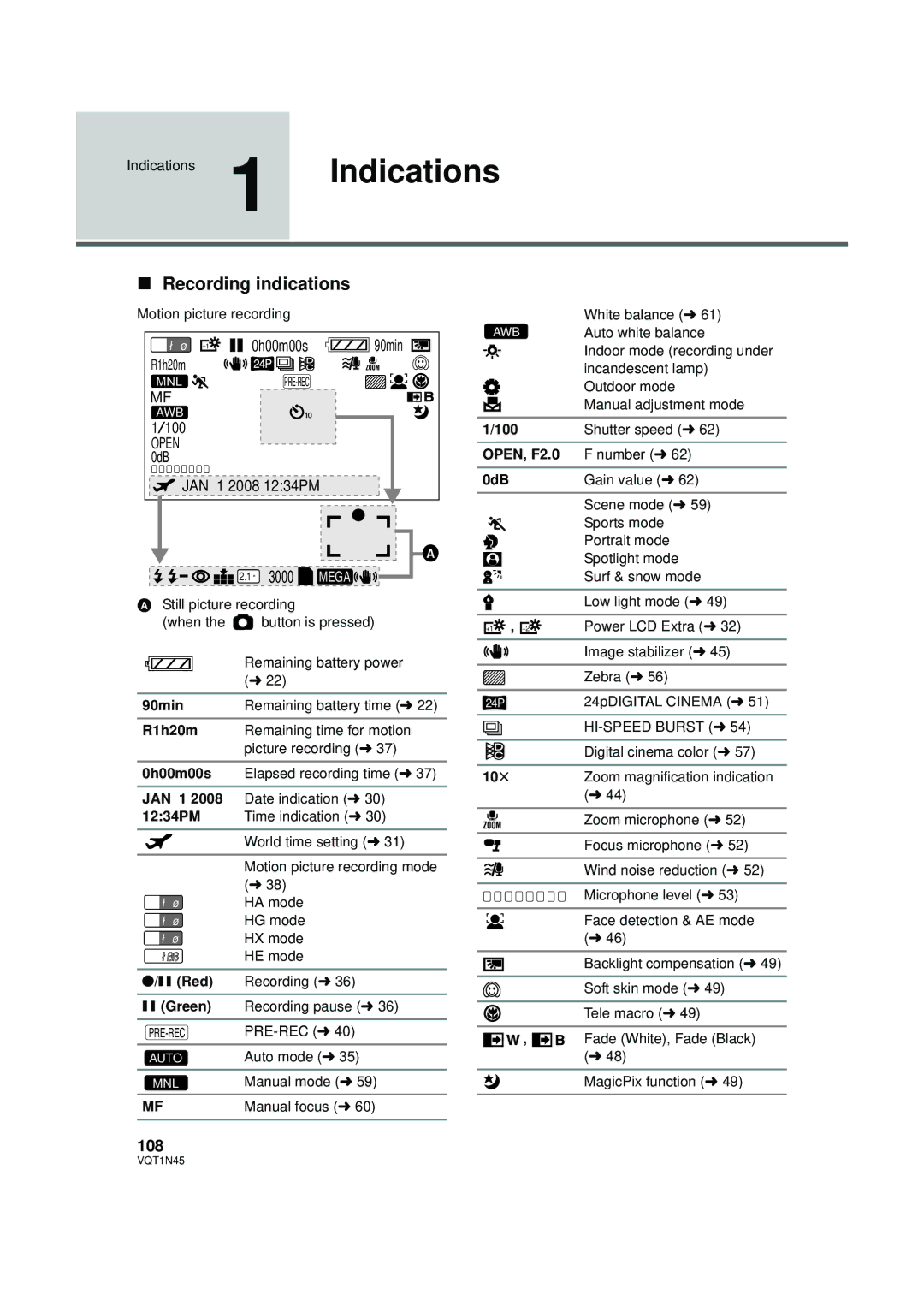 Panasonic HDC-SD9PC manual Recording indications, 0h00m00s, 108, Open 