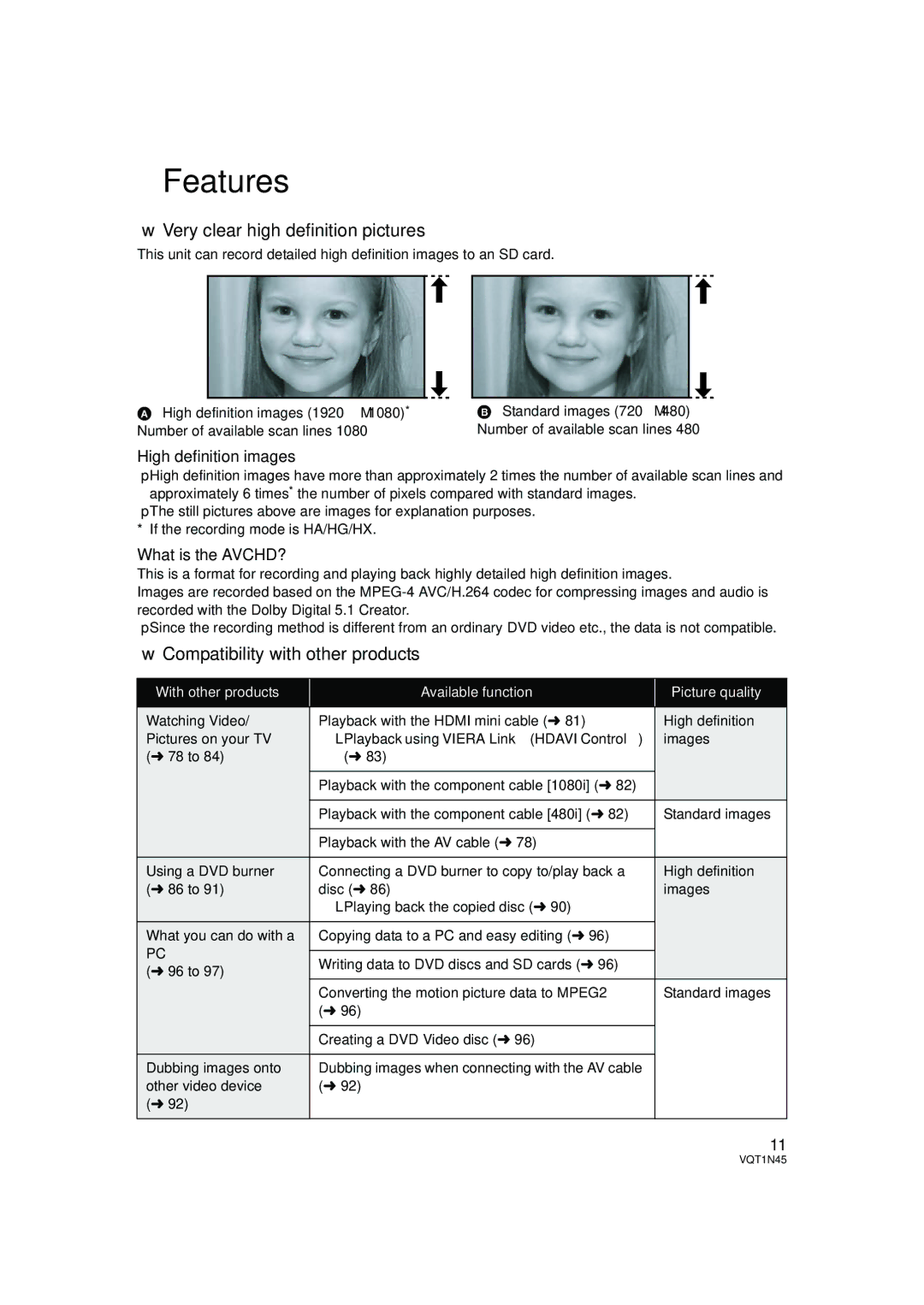 Panasonic HDC-SD9PC manual Features, Very clear high definition pictures, Compatibility with other products 