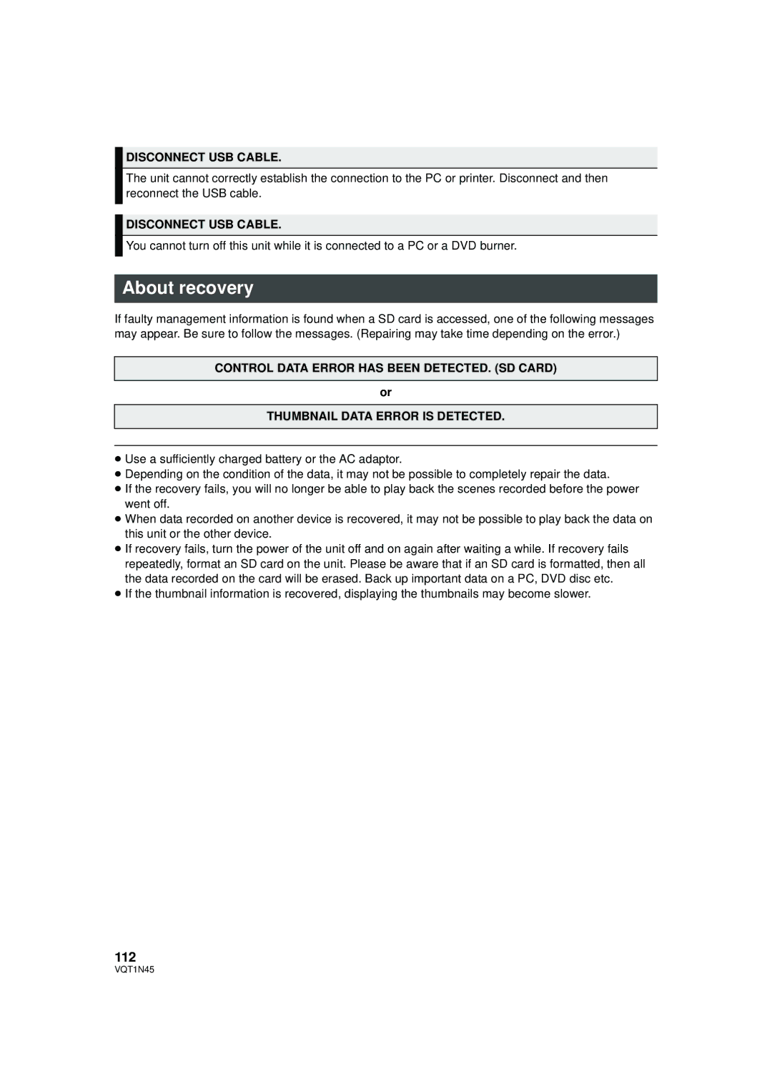 Panasonic HDC-SD9PC manual About recovery, 112, Disconnect USB Cable 