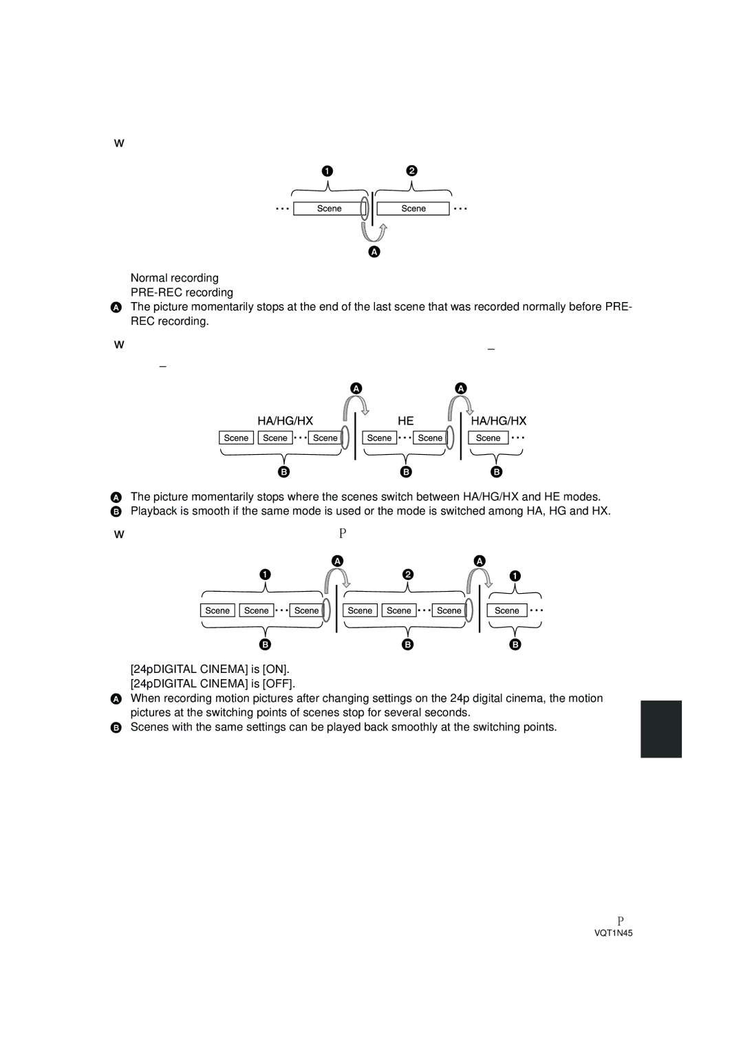 Panasonic HDC-SD9PC manual When PRE-REC was used for recording, When the settings on the 24p digital cinema change, 121 